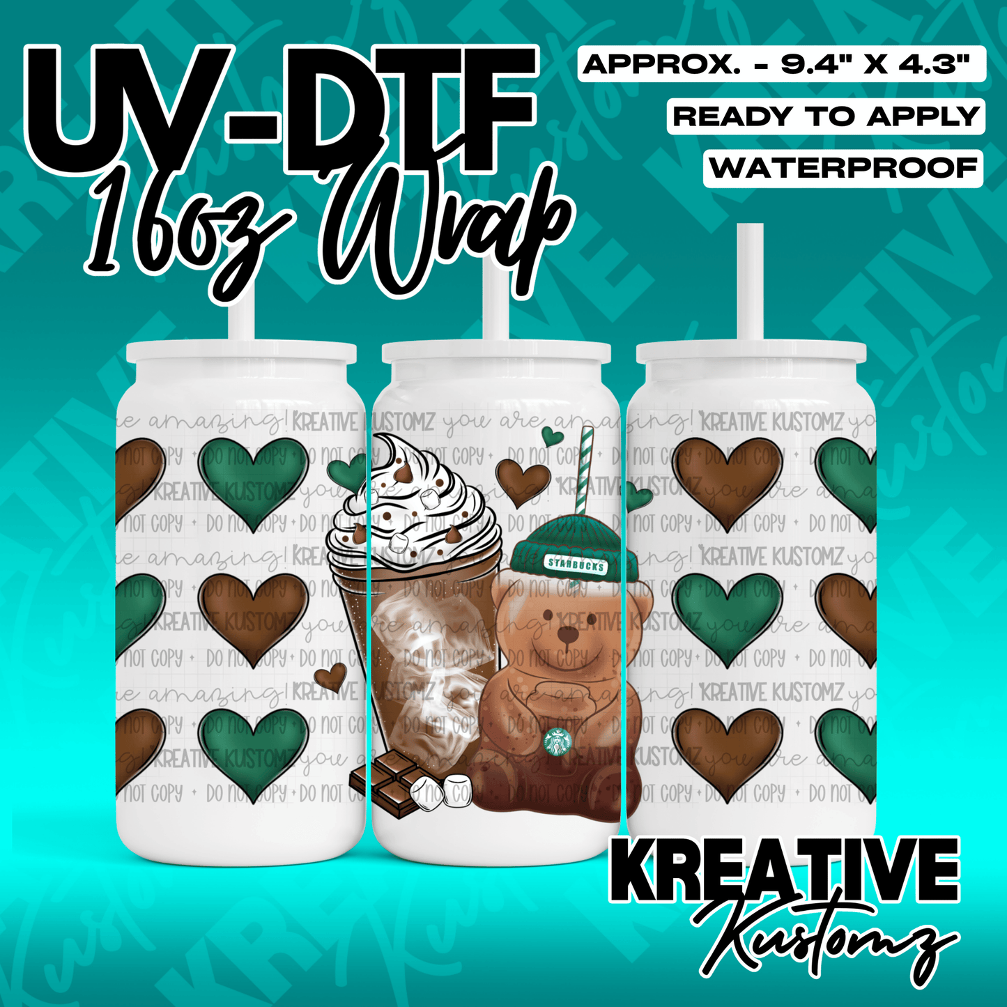 A UV DTF adhesive wrap for 16oz glass cans featuring a teddy bear, coffee, and heart pattern.