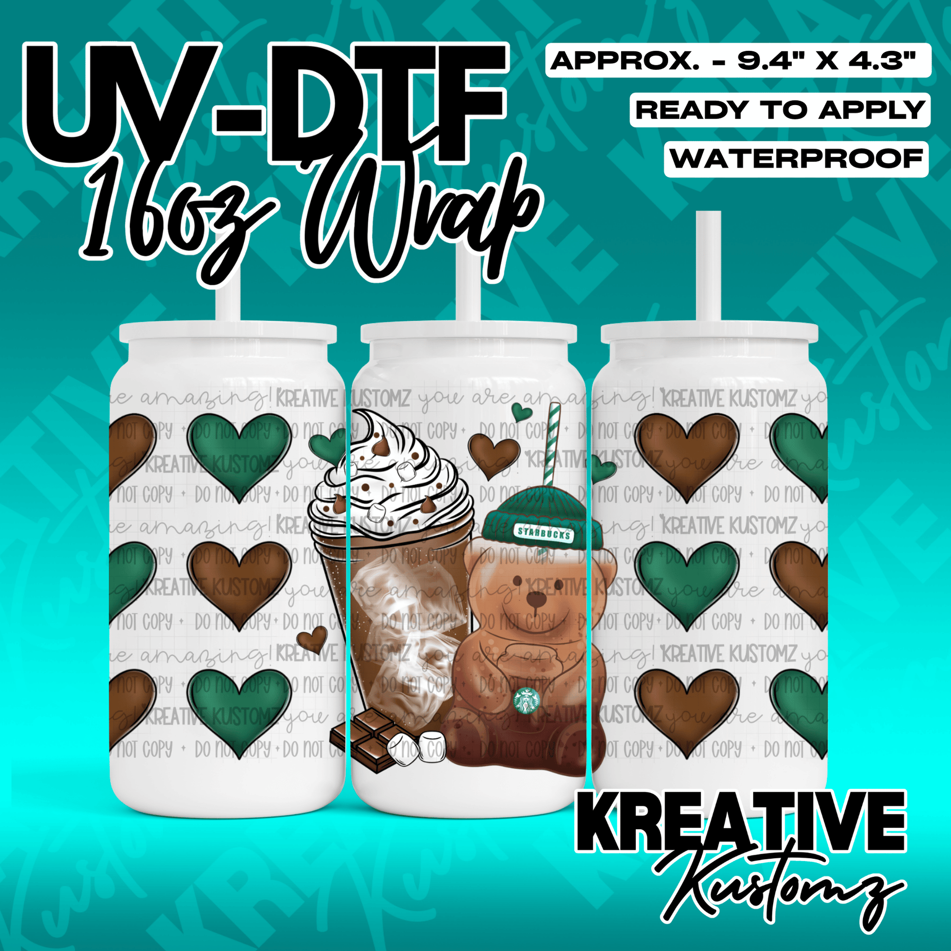 A UV DTF adhesive wrap for 16oz glass cans featuring a teddy bear, coffee, and heart pattern.