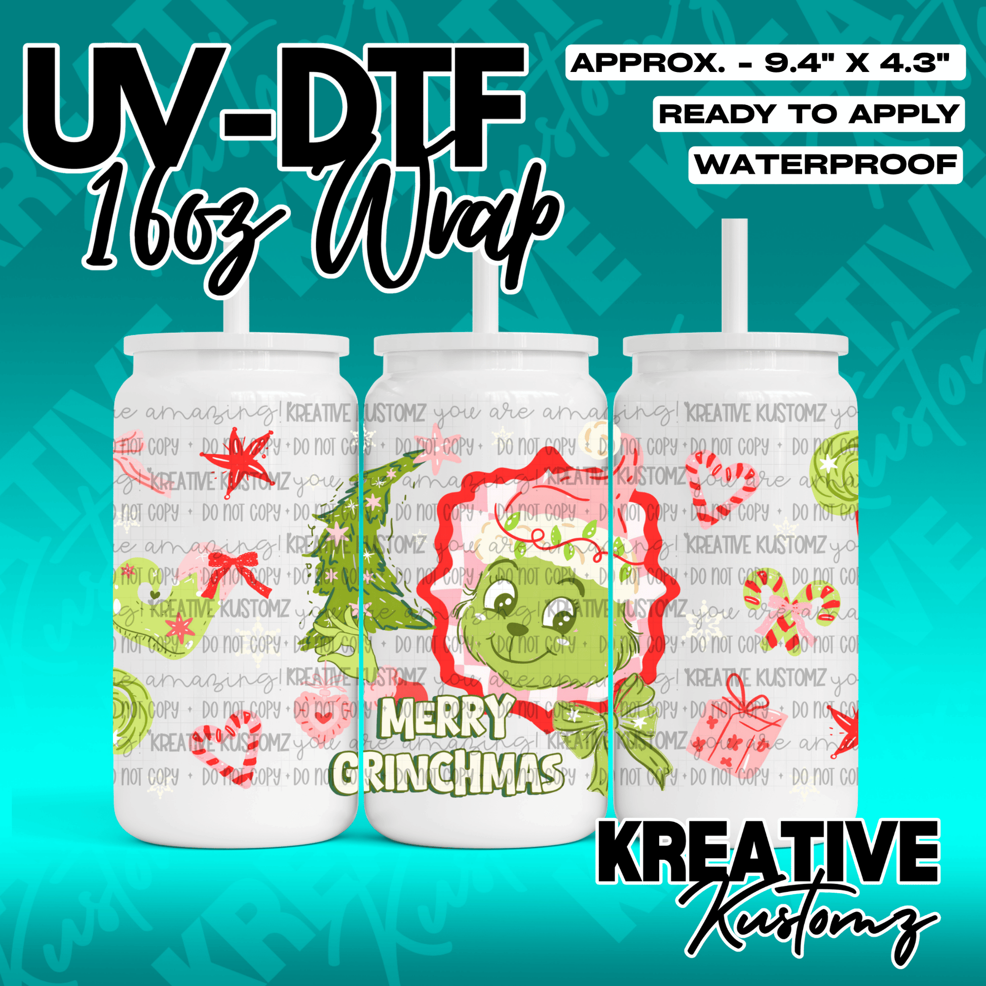 A Christmas-themed UV DTF decal wrap for a 16oz glass can featuring a Grinch design.