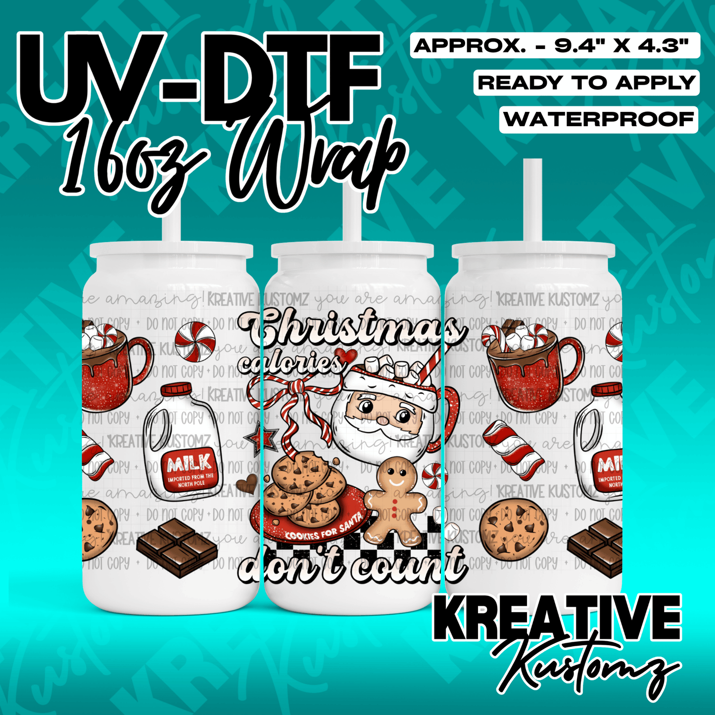A Christmas-themed UV DTF wrap for a 16oz glass can featuring Santa, cookies, and cocoa.