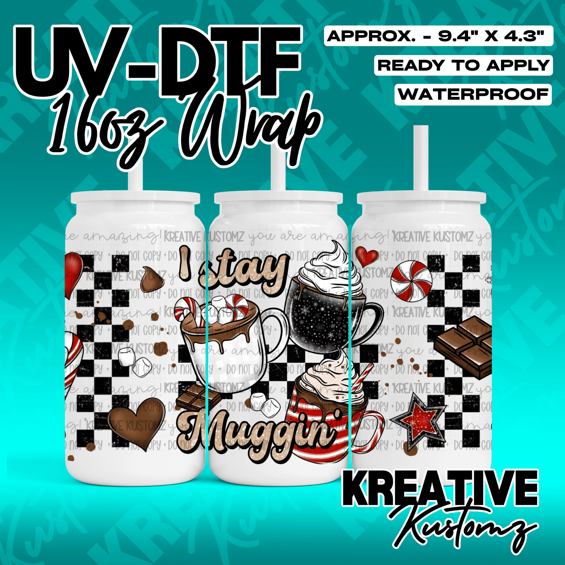 A festive Christmas-themed UV DTF wrap for a 16oz glass can featuring hot cocoa and checkerboard.