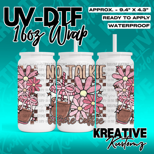 A UV DTF adhesive wrap for 16oz glass cans featuring pink flowers and coffee cup illustrations.