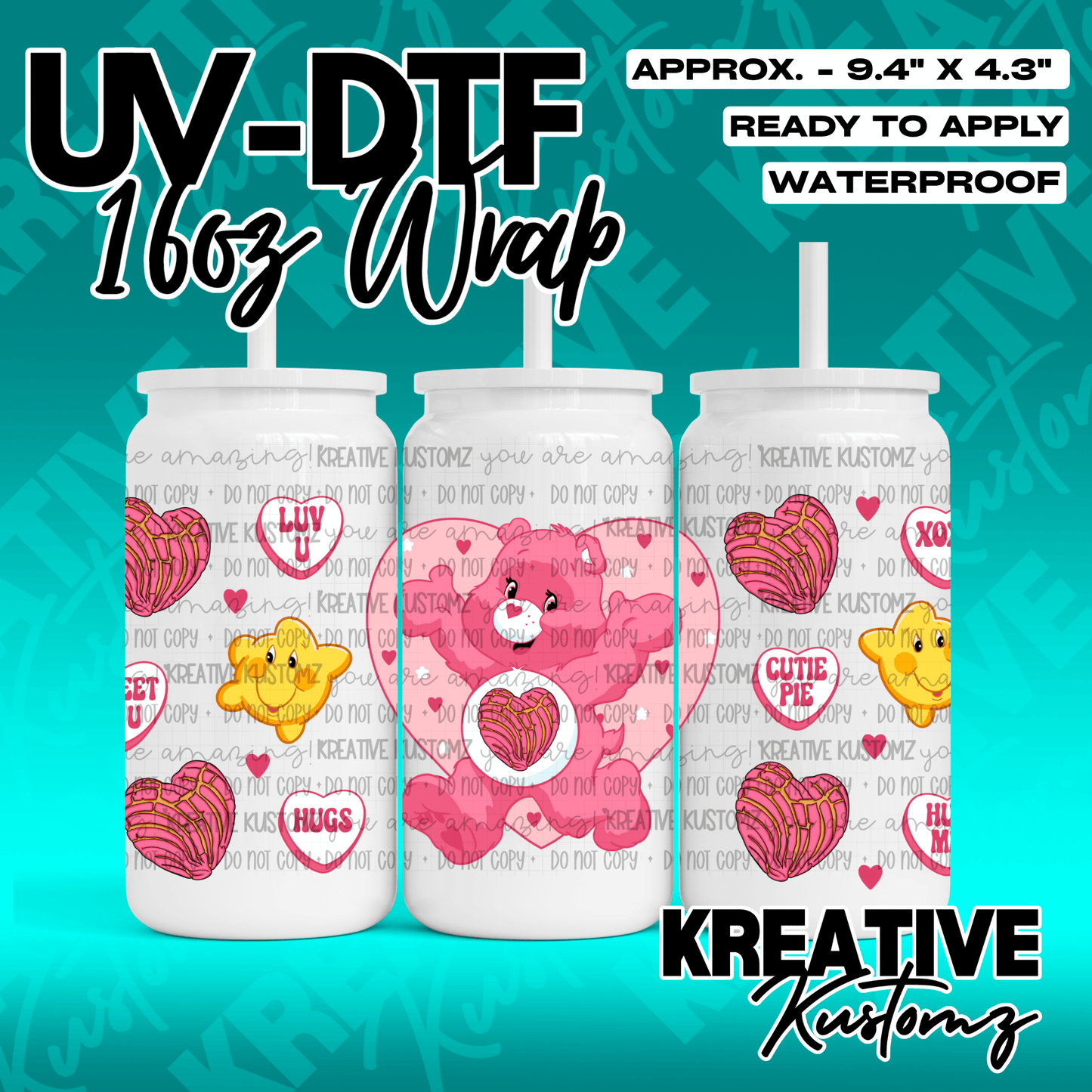 A Valentine themed UV DTF adhesive wrap for 16oz glass cans featuring Care Bears and conchas.