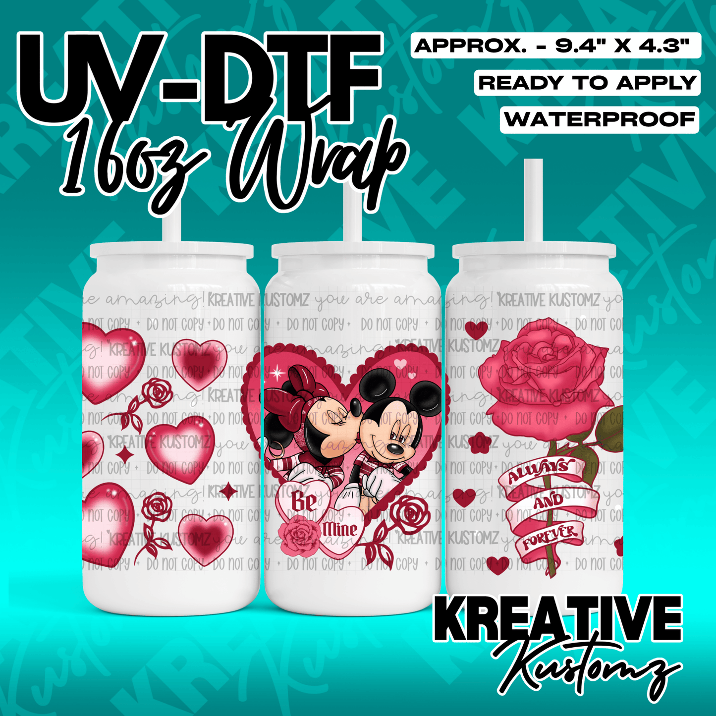 A UV DTF decal wrap for a 16oz glass can featuring Mickey and Minnie Mouse with red roses.