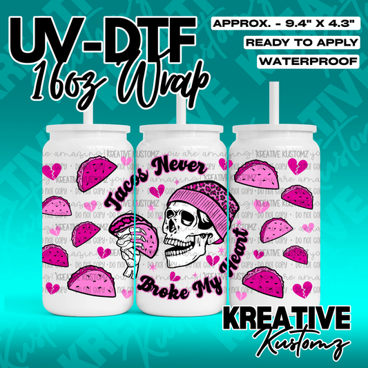 A UV DTF cup wrap featuring a skull in a pink beanie holding a taco with pink hearts.