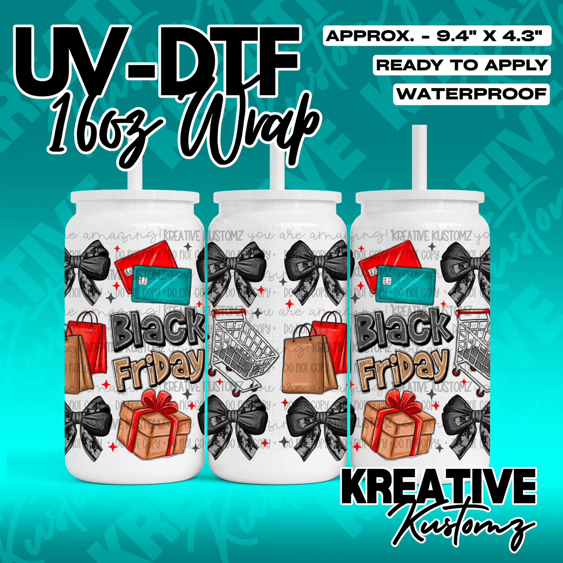 A Black Friday themed UV DTF wrap for a 16oz glass can featuring shopping bags, bows, and gifts.