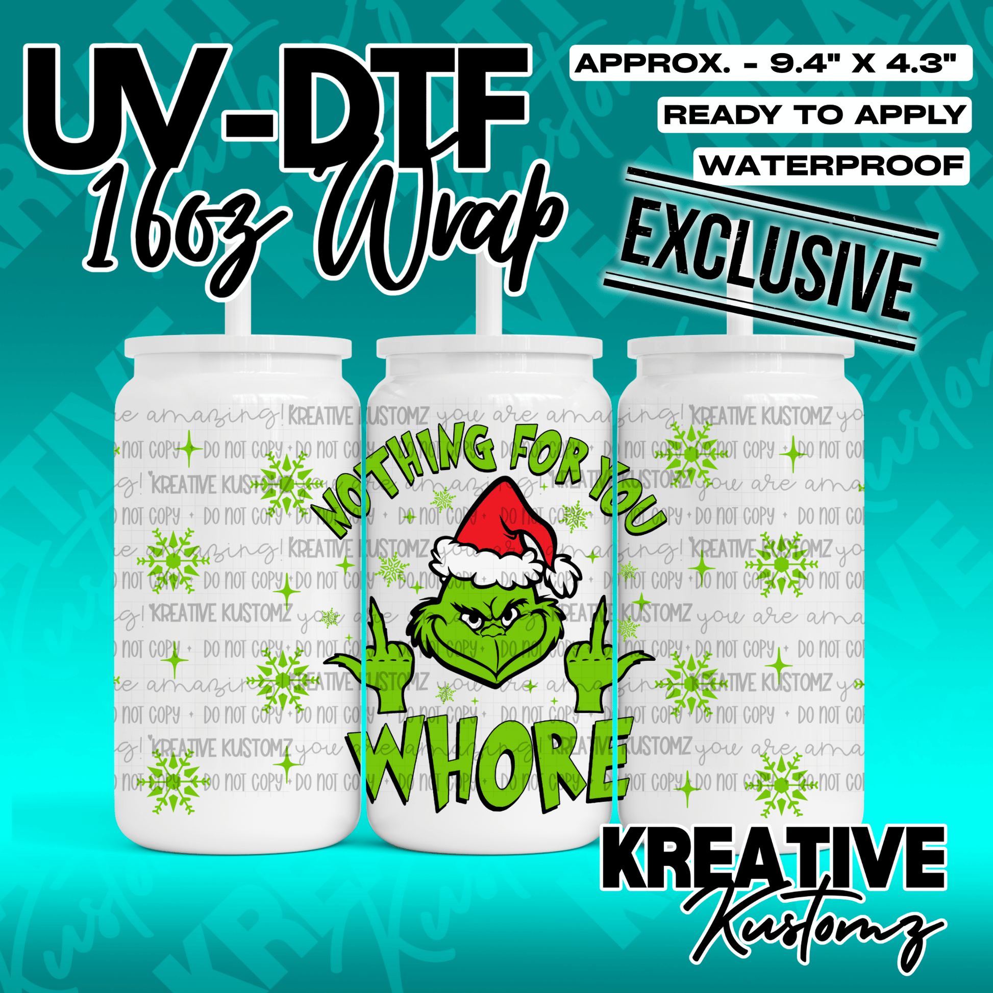 A Grinch-themed UV DTF wrap for a 16oz glass can featuring a holiday design.