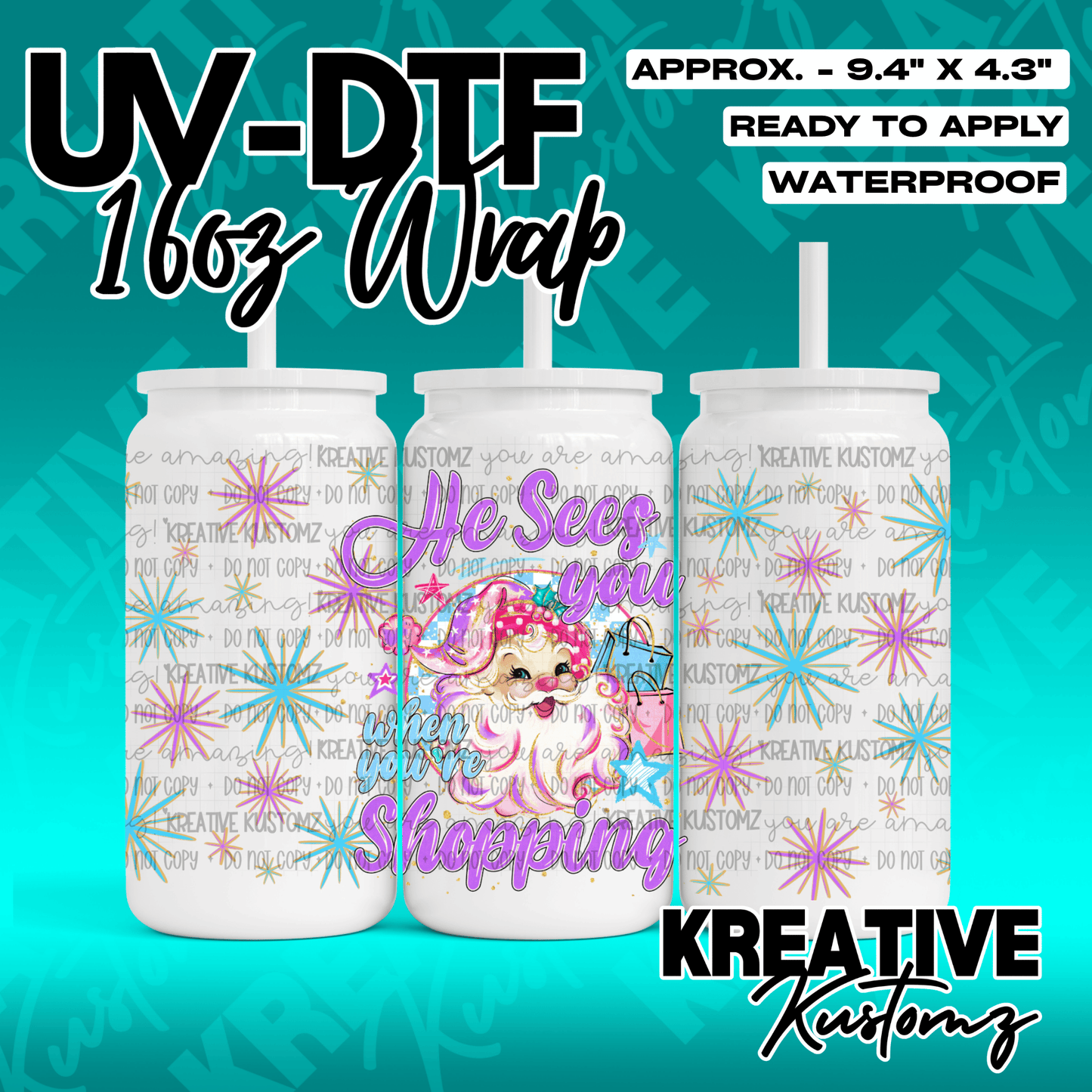 A Christmas-themed UV DTF wrap for a 16oz glass can featuring a Santa illustration and text.