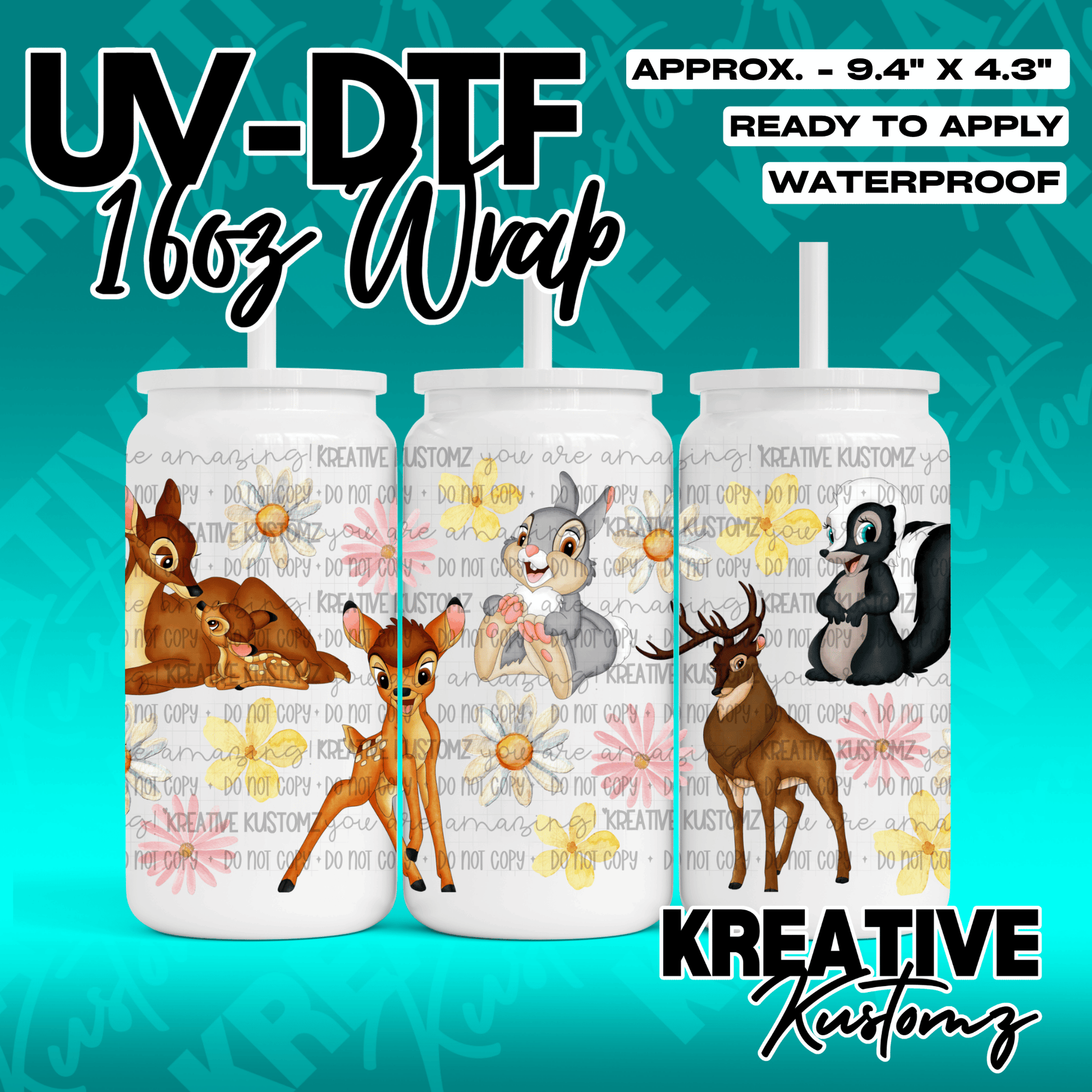 A UV DTF adhesive wrap for 16oz glass cans featuring Bambi characters and floral patterns.