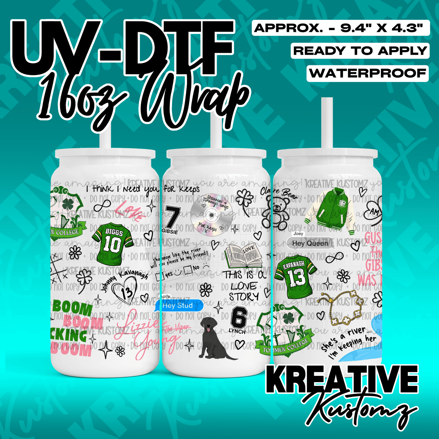 A UV DTF adhesive wrap for 16oz glass cans featuring a collage of movie and television graphics.