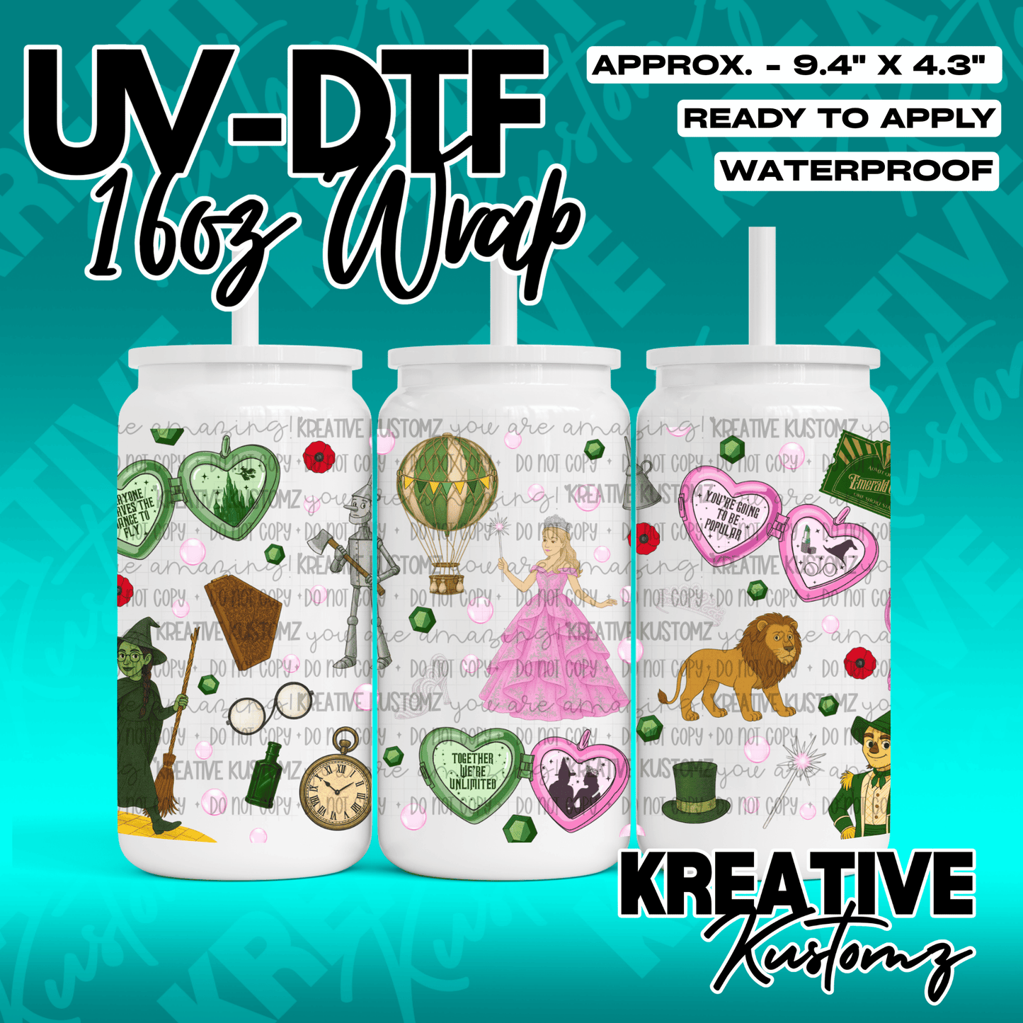 A UV DTF adhesive wrap for 16oz glass cans featuring a Wizard of Oz and Wicked movie theme.