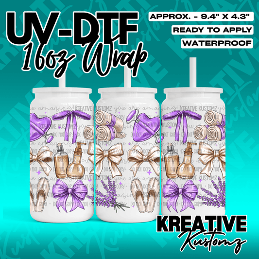 A UV DTF adhesive wrap for 16oz glass cans featuring a spa-themed pattern with bows and bottles.