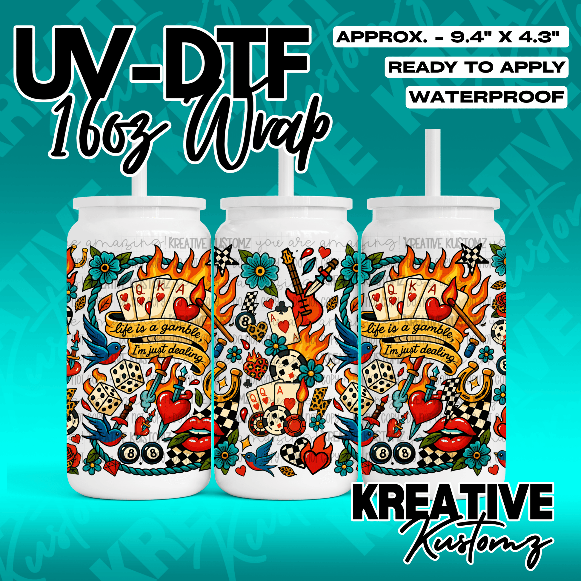 A UV DTF cup wrap featuring a colorful tattoo-style design with playing cards and dice.