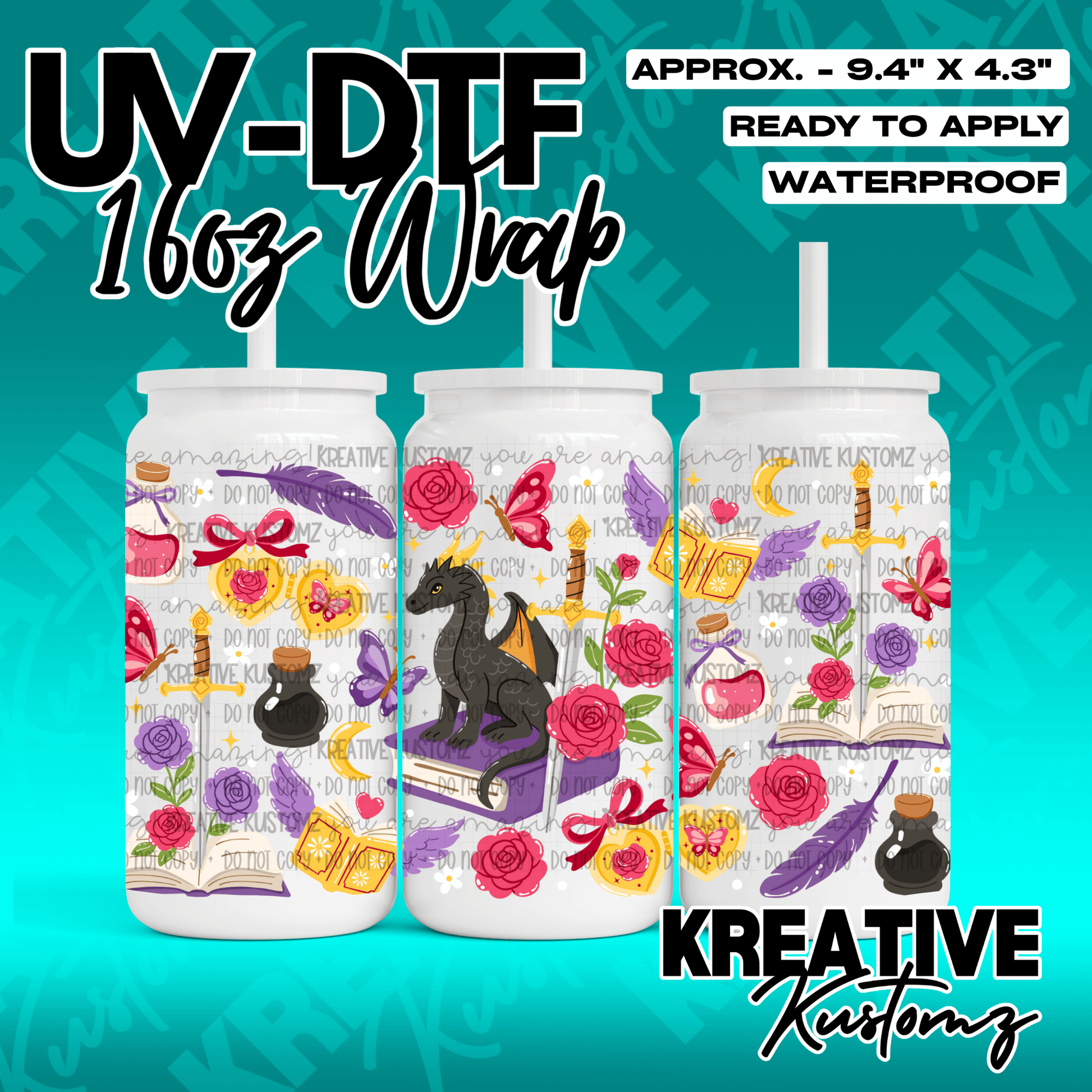 A fantasy-themed UV DTF adhesive wrap for 16oz glass cans featuring dragons, swords, and books.