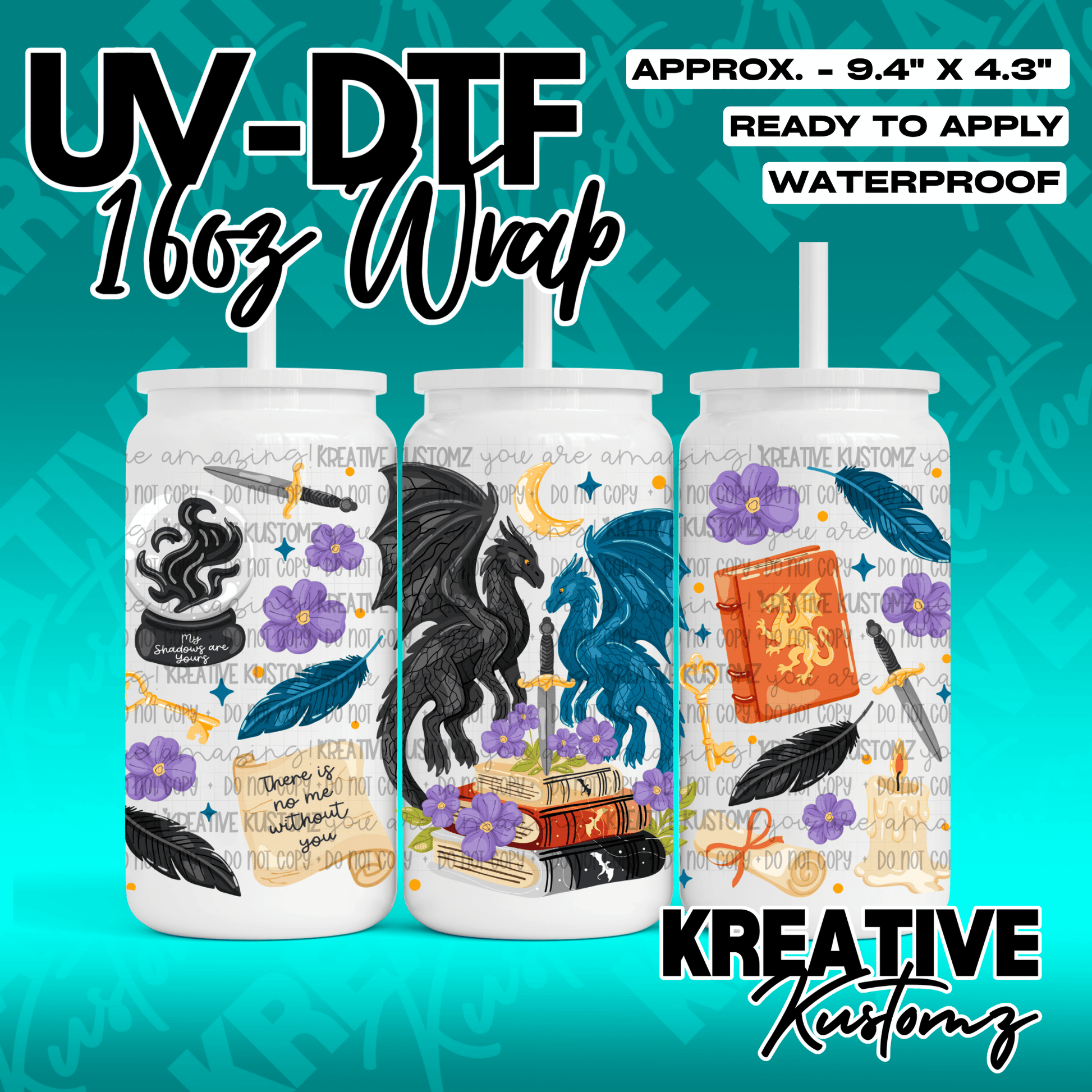 A fantasy-themed UV DTF adhesive wrap for 16oz glass cans featuring dragons, books, and flowers.