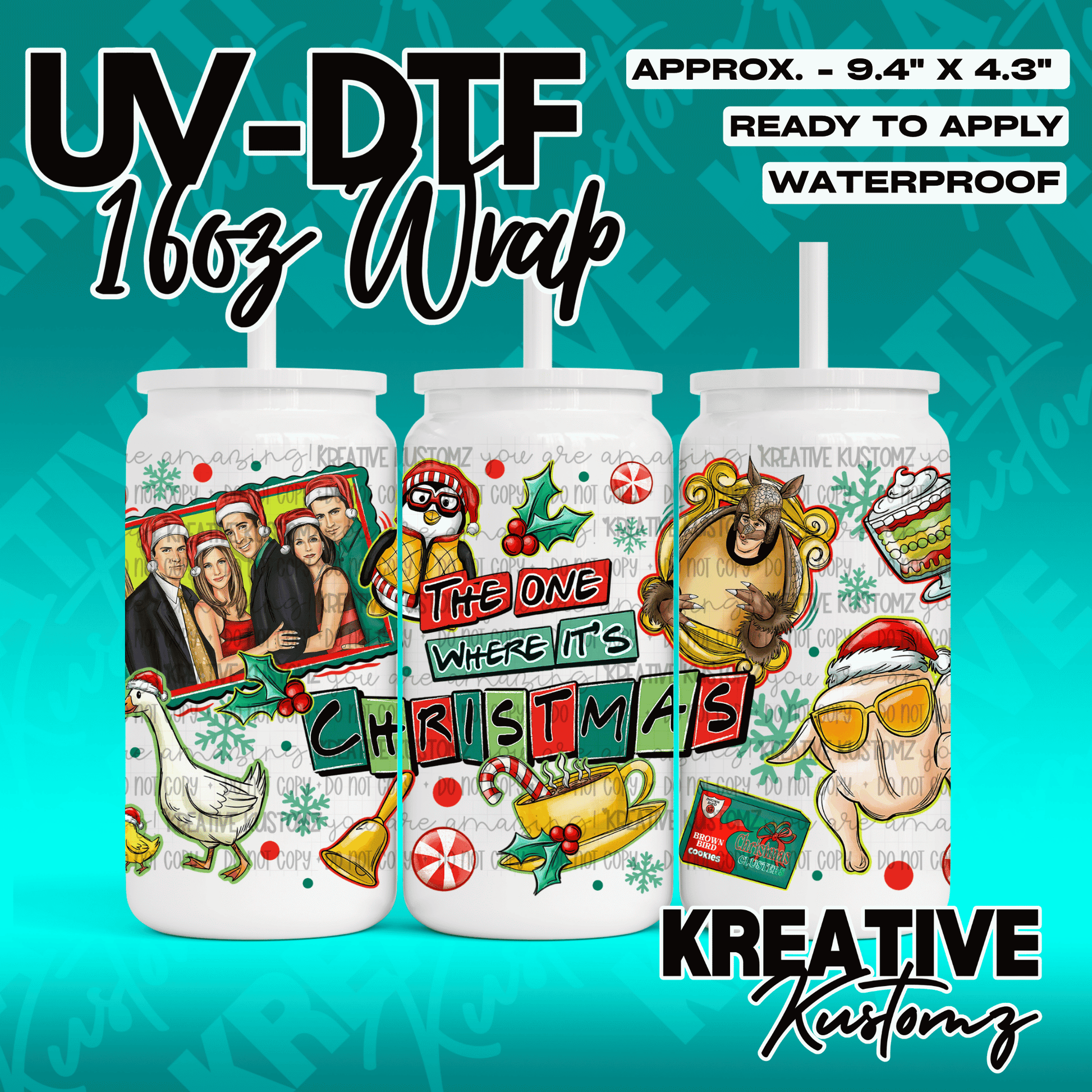 A festive Christmas-themed UV DTF wrap for a 16oz glass can featuring Friends-inspired imagery.