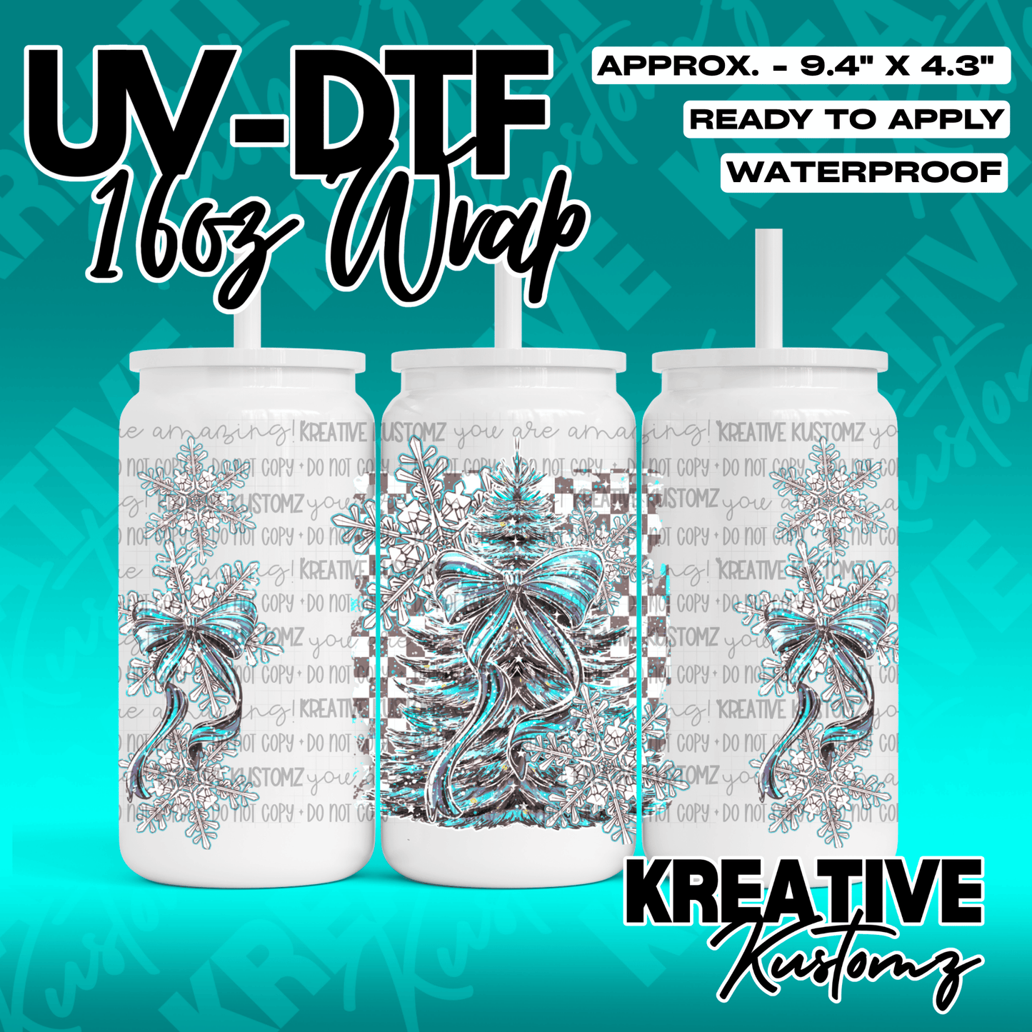 A festive Christmas themed UV DTF wrap for a 16oz glass can featuring a tree and snowflakes.