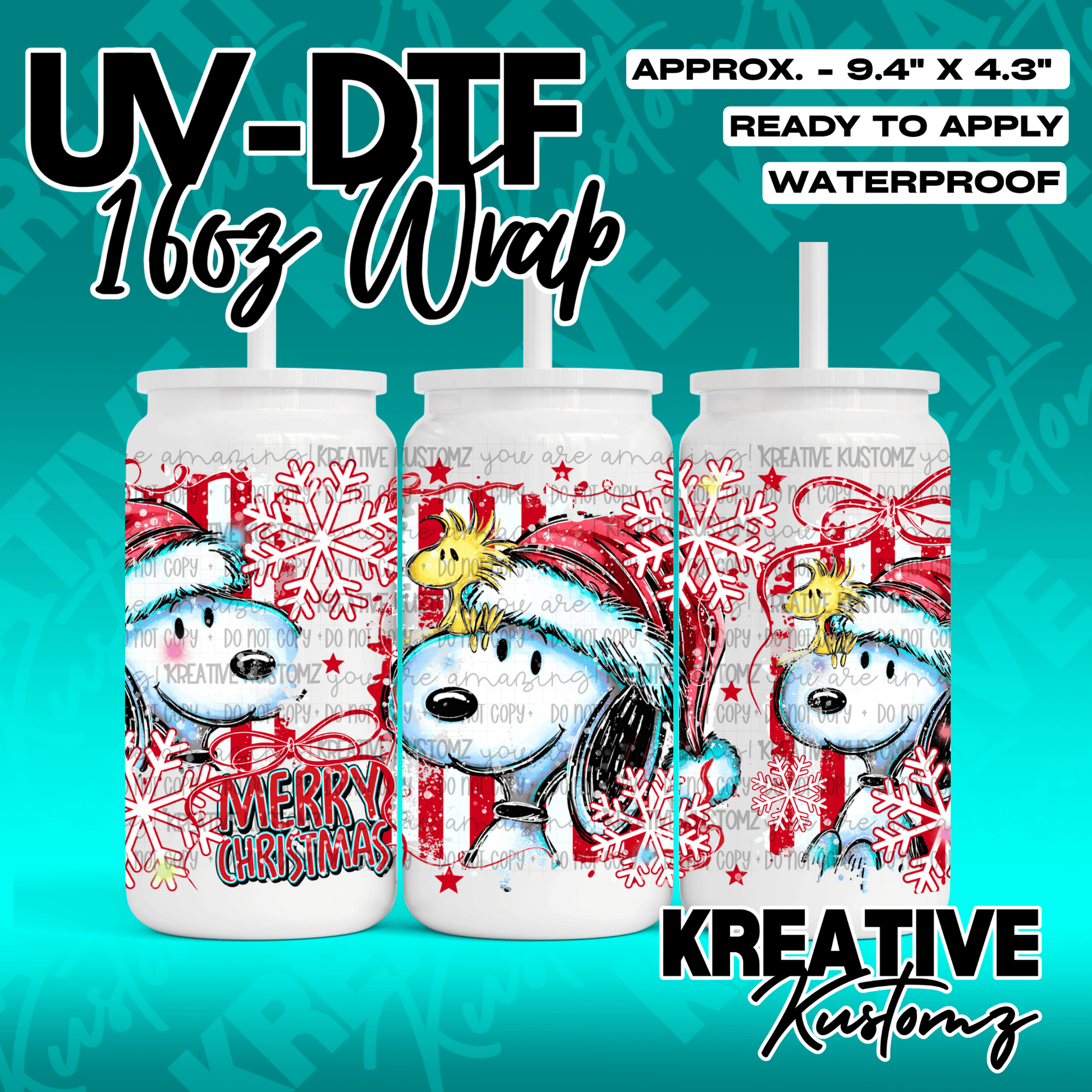 A Christmas-themed UV DTF wrap for a 16oz glass can featuring Snoopy and Woodstock.