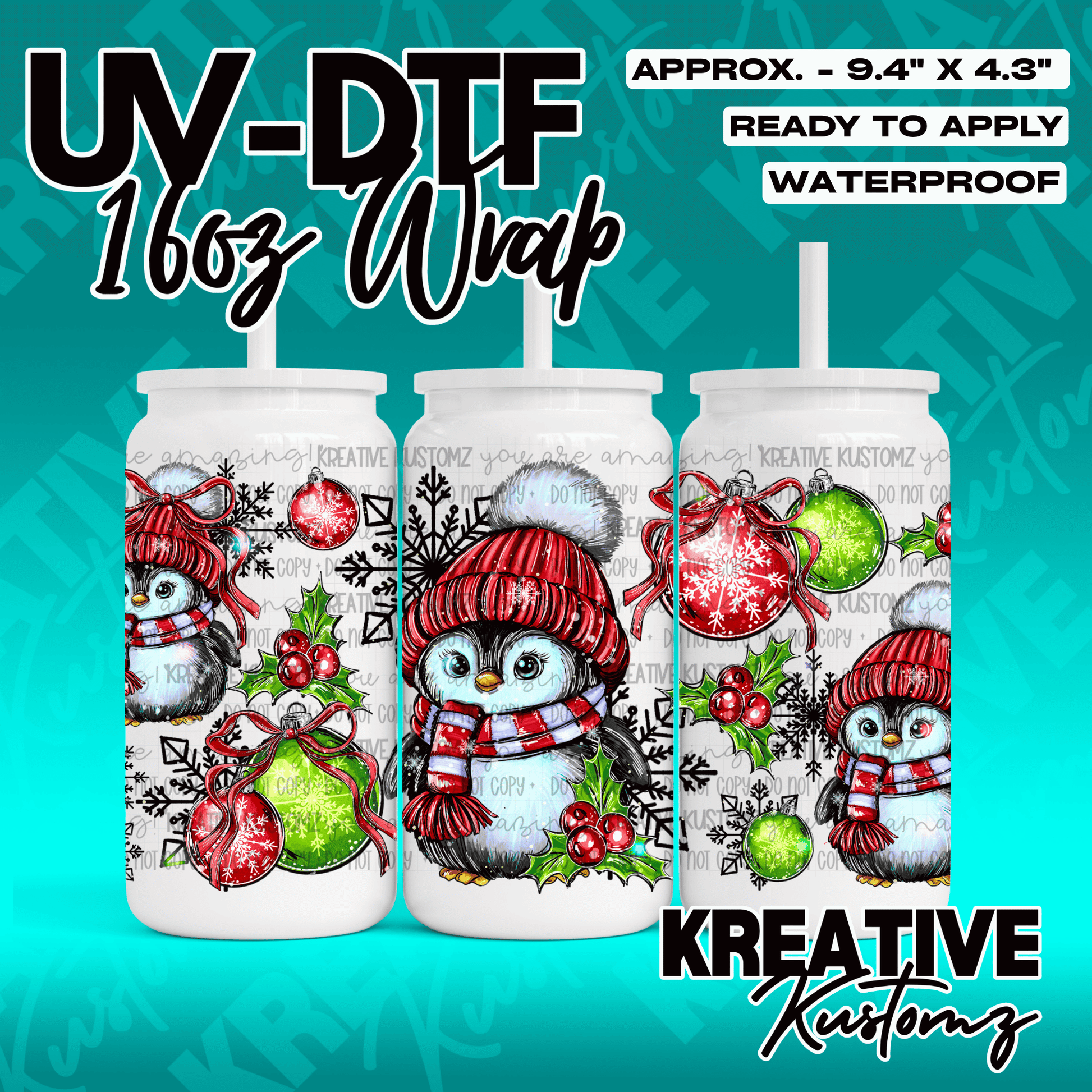 A festive Christmas-themed UV DTF wrap for a 16oz glass can featuring penguins and ornaments.