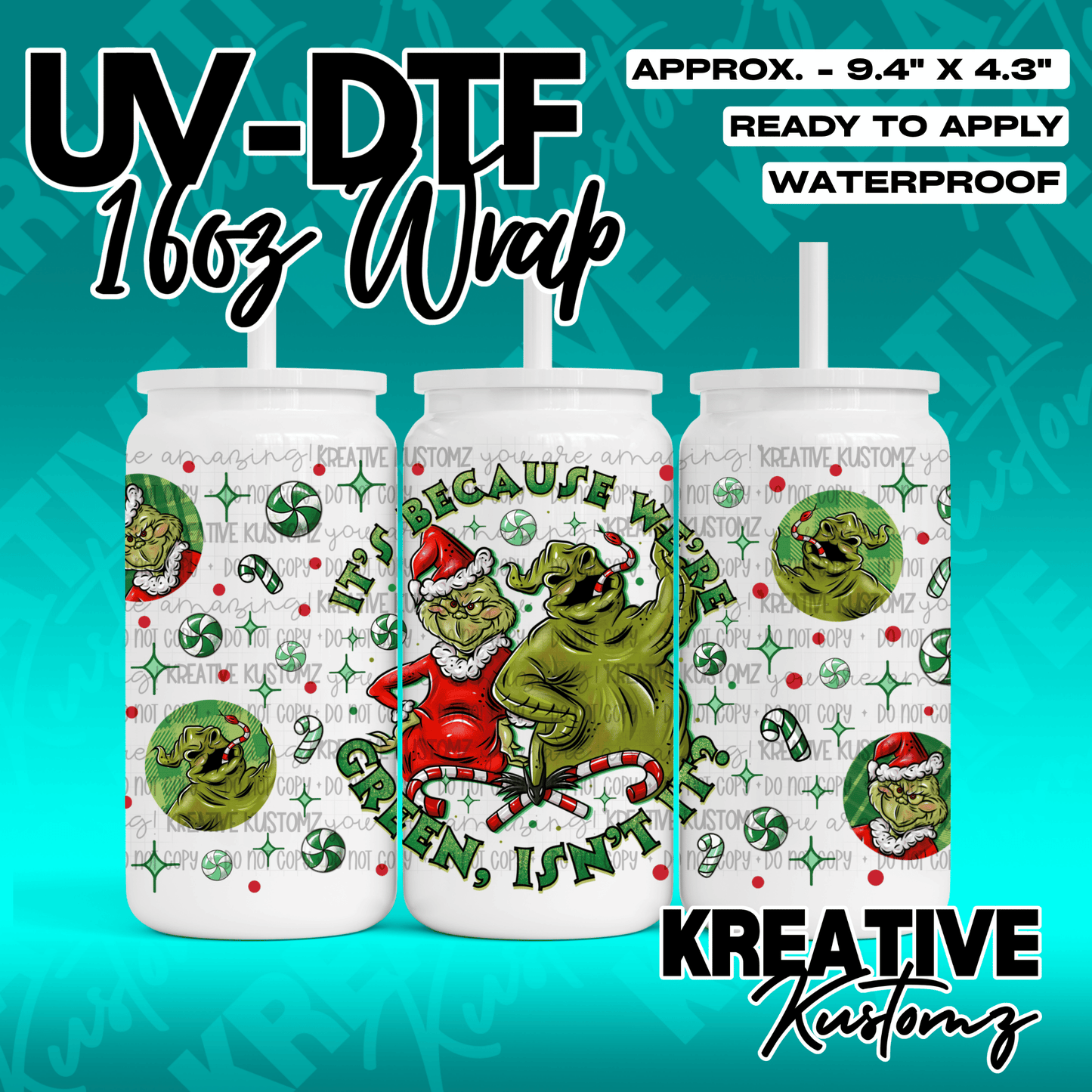 A Christmas-themed UV DTF wrap for a 16oz glass can featuring the Grinch and Oogie Boogie.