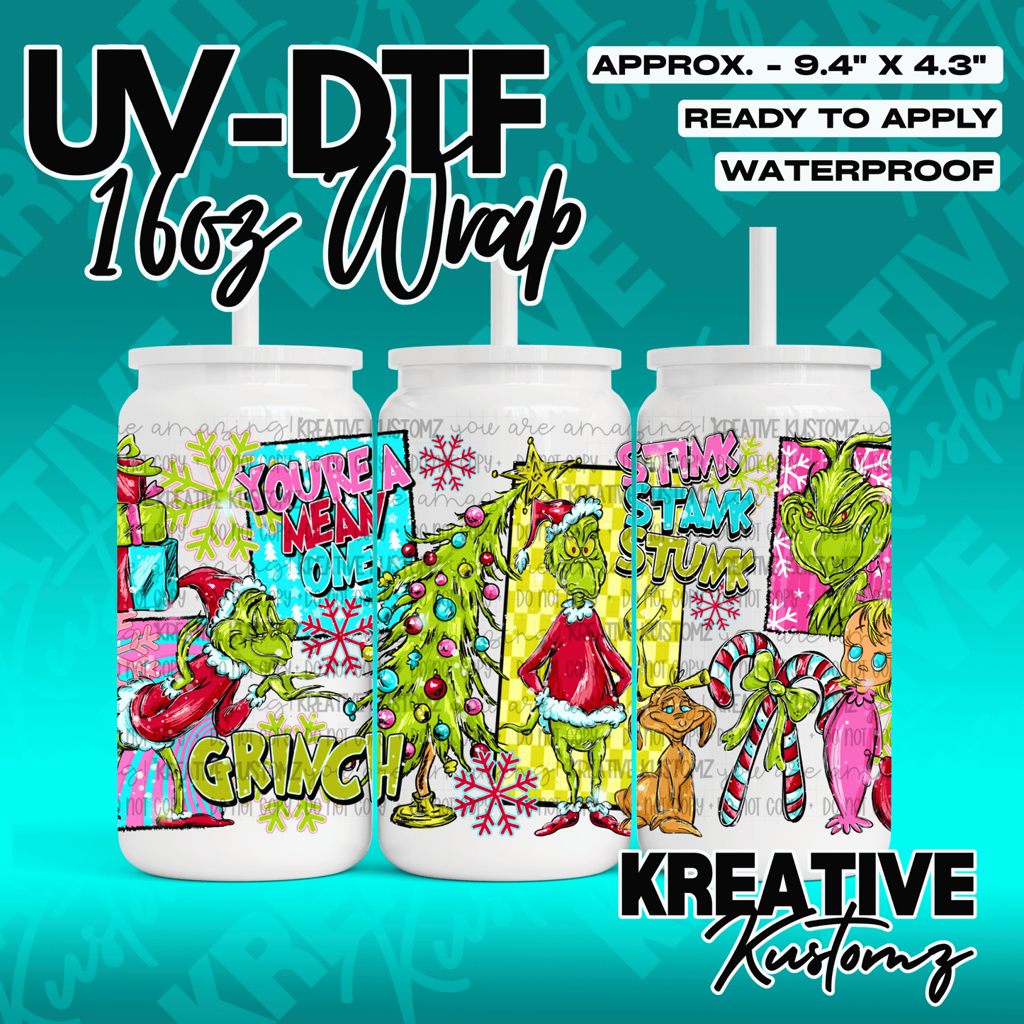 A Grinch-themed UV DTF adhesive wrap for a 16oz glass can featuring colorful holiday designs.