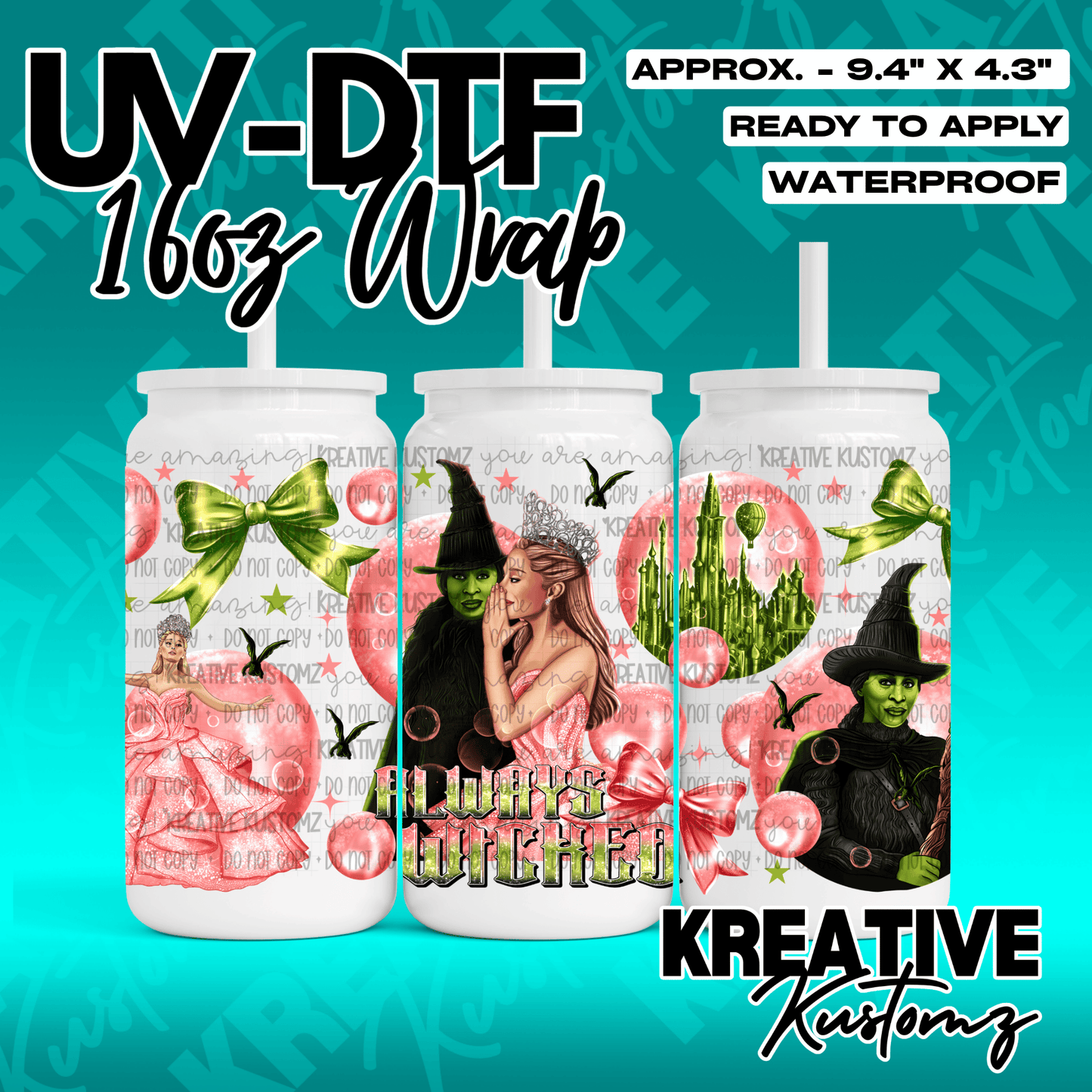 A Wicked themed UV DTF wrap for a 16oz glass can featuring Glinda and Elphaba.