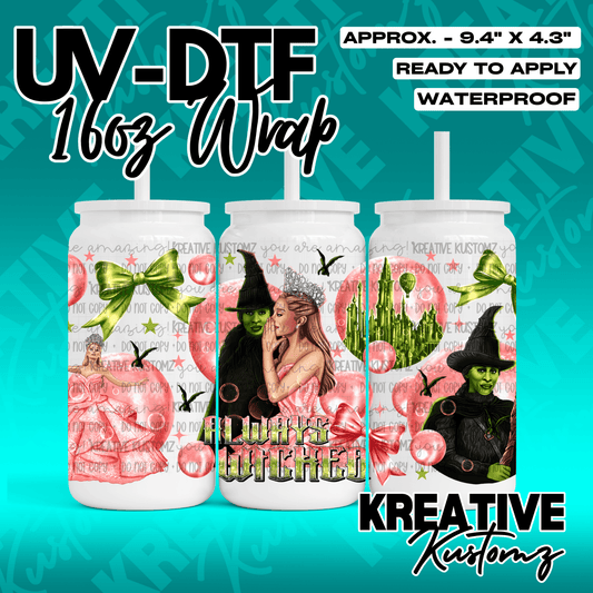 A Wicked themed UV DTF wrap for a 16oz glass can featuring Glinda and Elphaba.