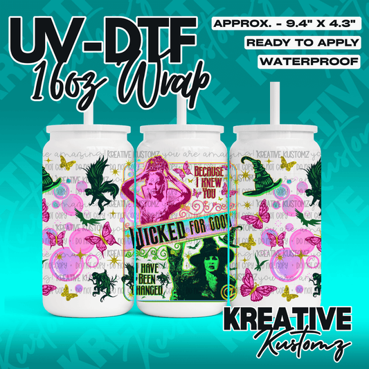 A Wicked themed UV DTF decal wrap for a 16oz glass can featuring characters and butterflies.
