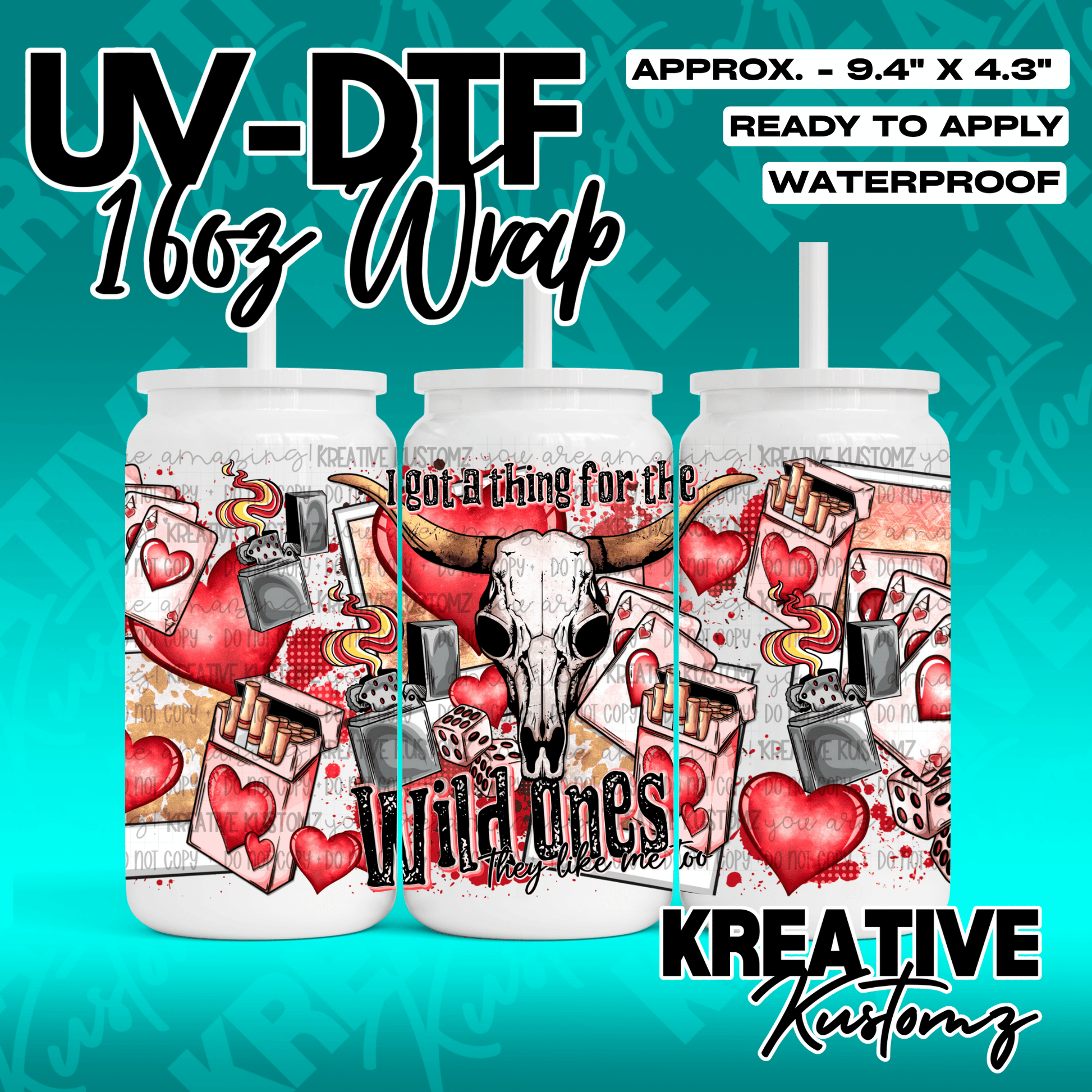 A UV DTF adhesive wrap for 16oz glass cans featuring a western-themed heart and skull design.