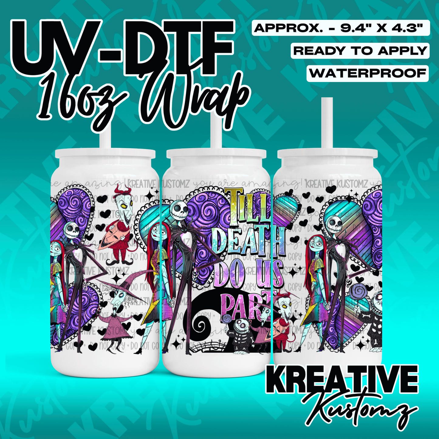 A Nightmare Before Christmas themed UV DTF adhesive wrap for 16oz glass cans.