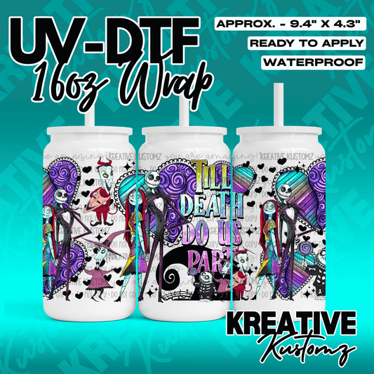 A Nightmare Before Christmas themed UV DTF adhesive wrap for 16oz glass cans.