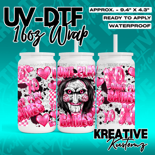 A UV DTF wrap for a 16oz glass can featuring a pink and black horror-themed design with hearts.