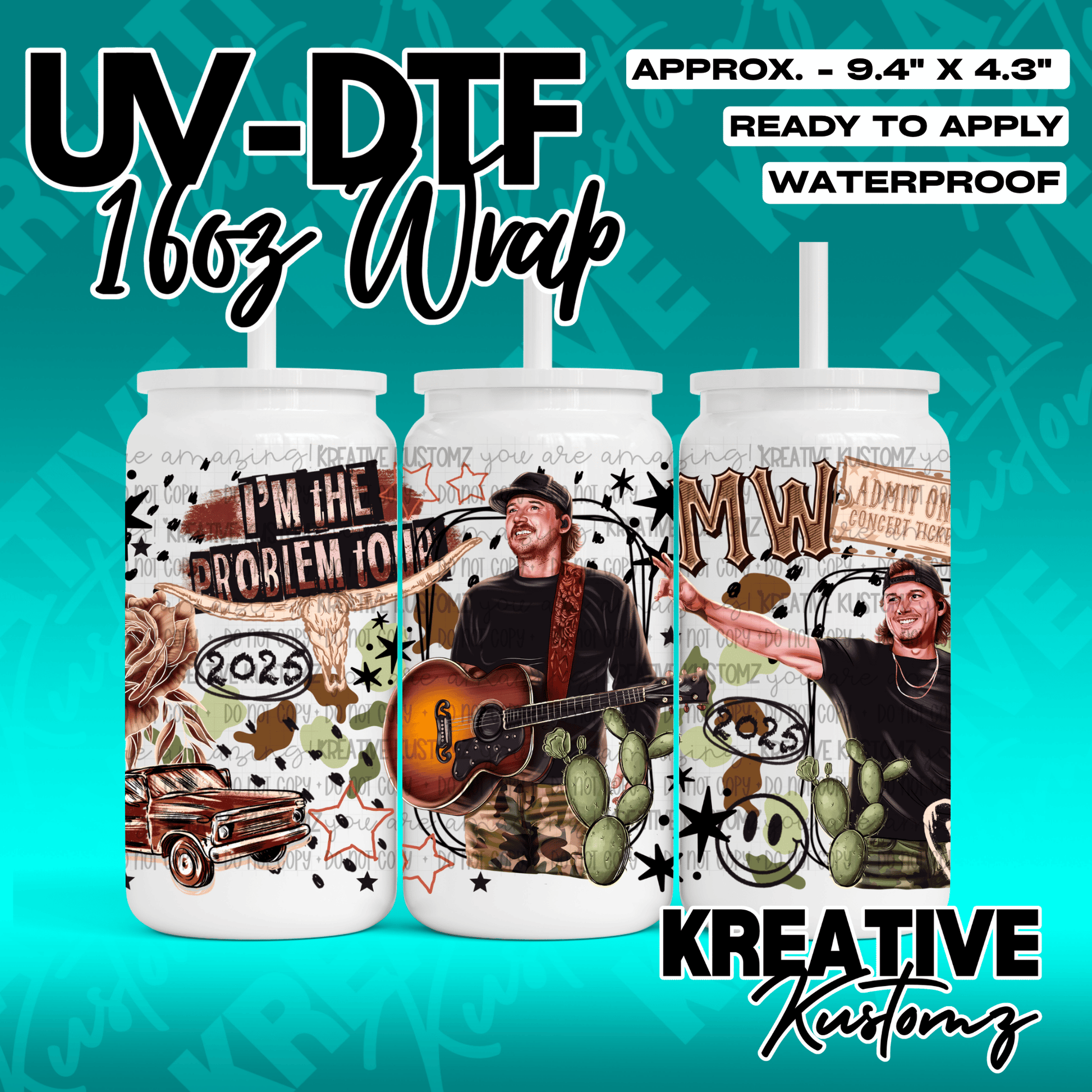 A music-themed UV DTF adhesive wrap for 16oz glass cans featuring country singer illustrations.