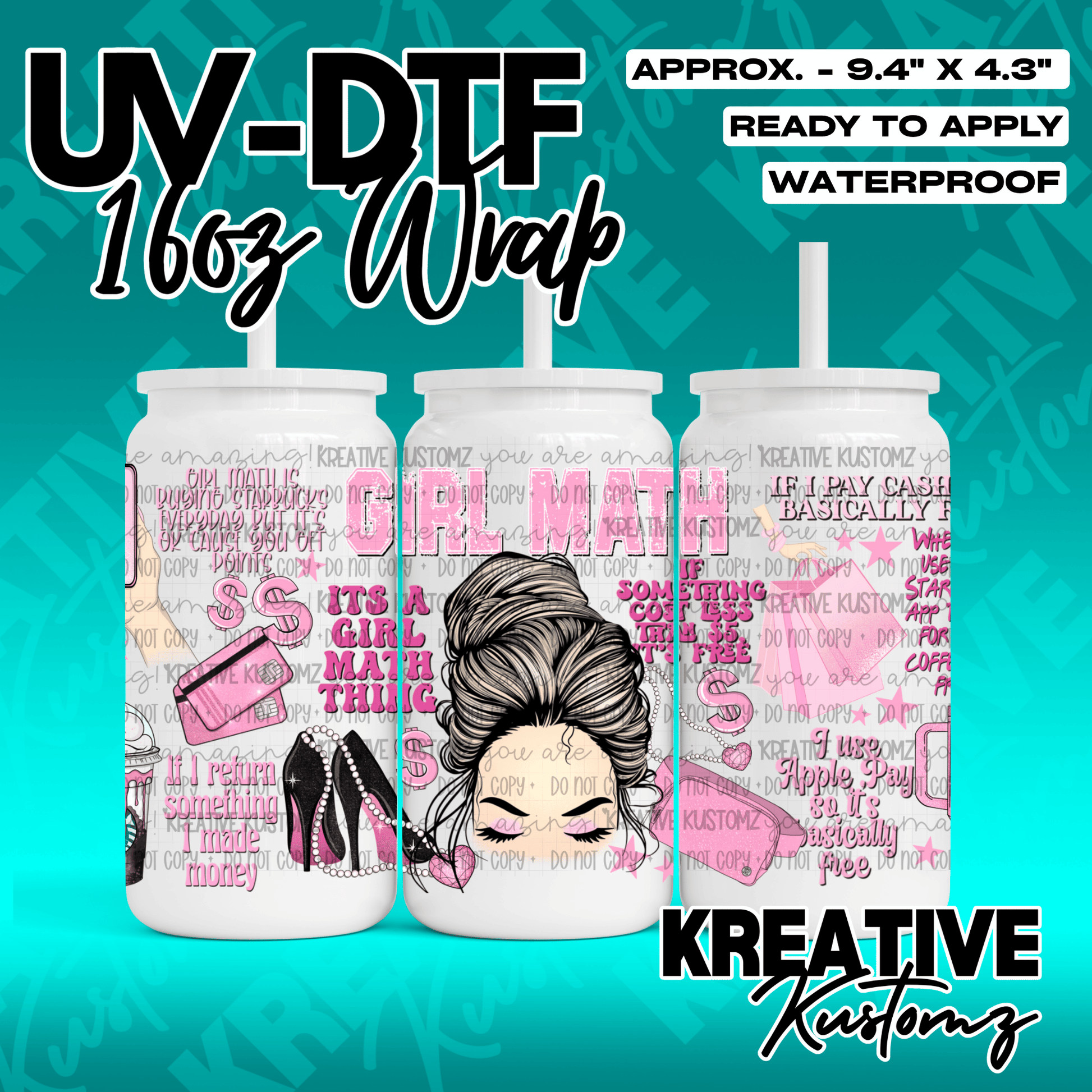 A pink and white UV DTF adhesive wrap for 16oz glass cans featuring Girl Math themed graphics.