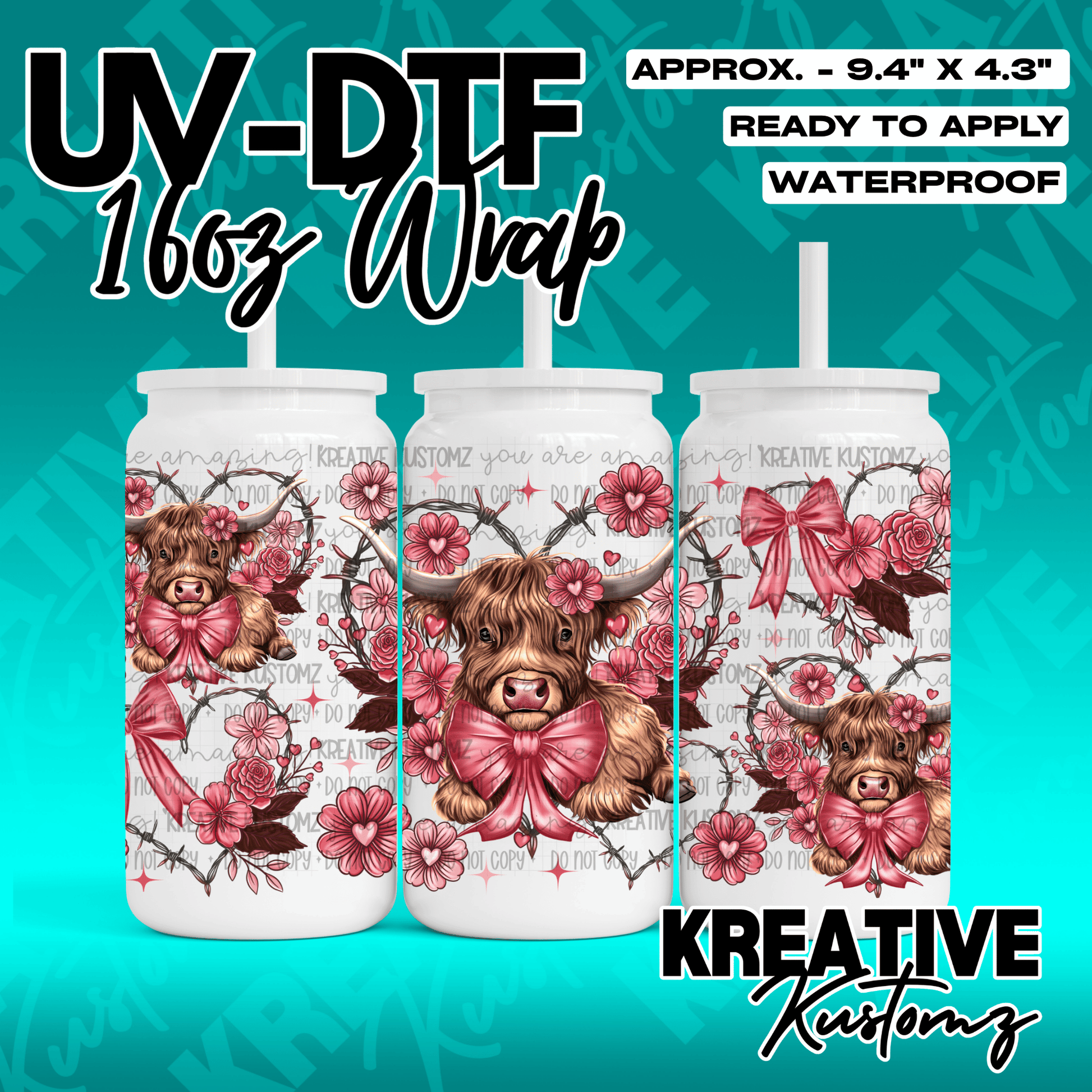 A UV DTF wrap for a 16oz glass cup featuring highland cows, pink bows, and floral barbed wire.