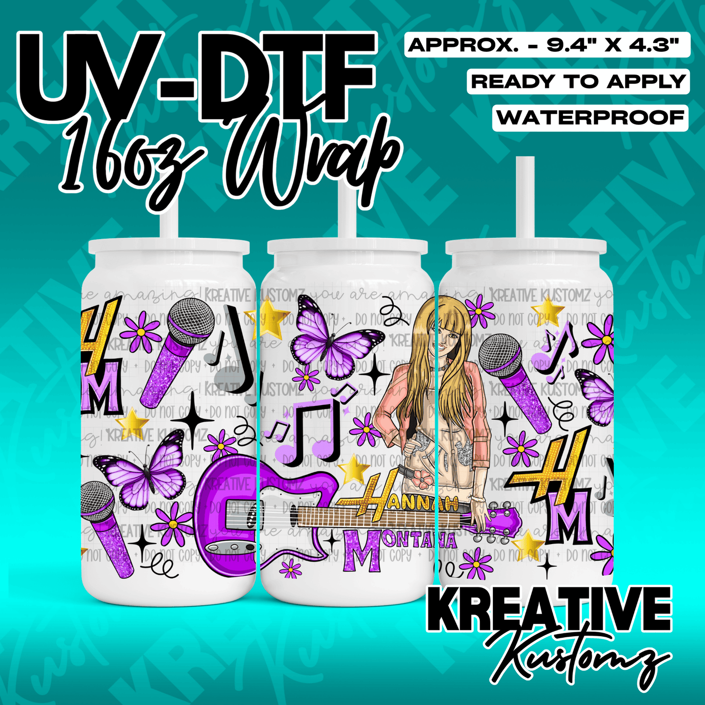 A Hannah Montana themed UV DTF adhesive wrap for a 16oz glass can featuring musical motifs.