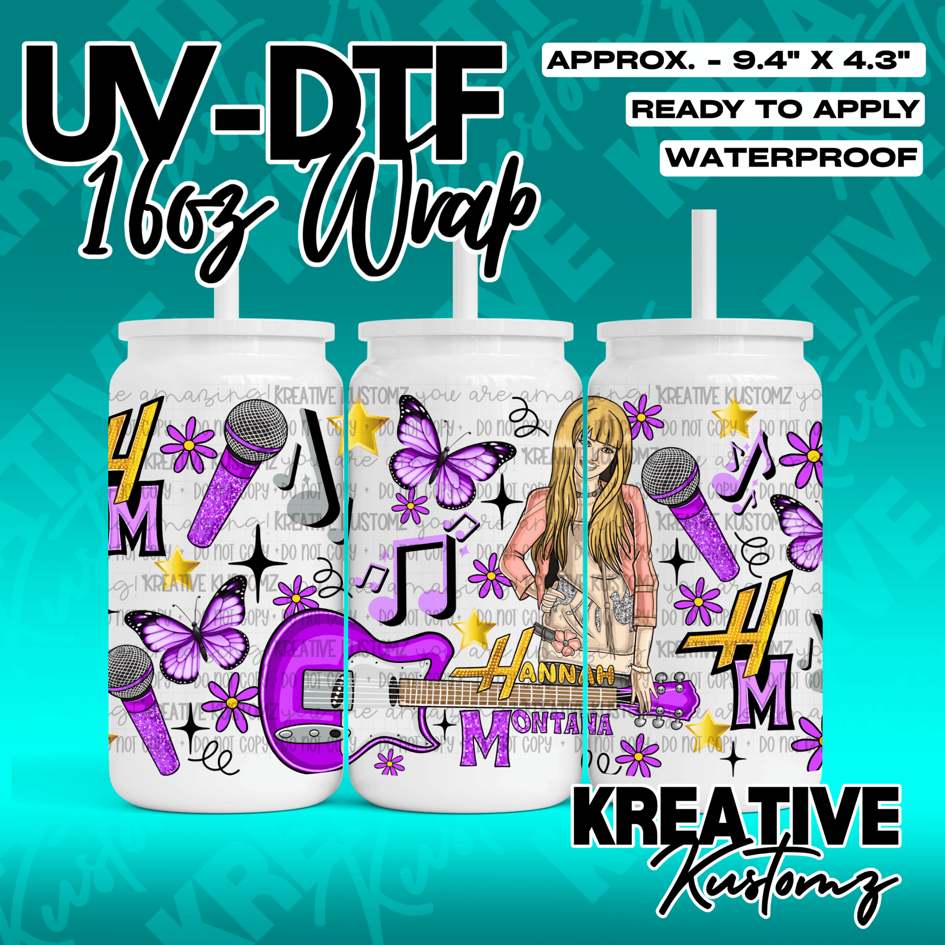 A Hannah Montana themed UV DTF adhesive wrap for a 16oz glass can featuring musical motifs.