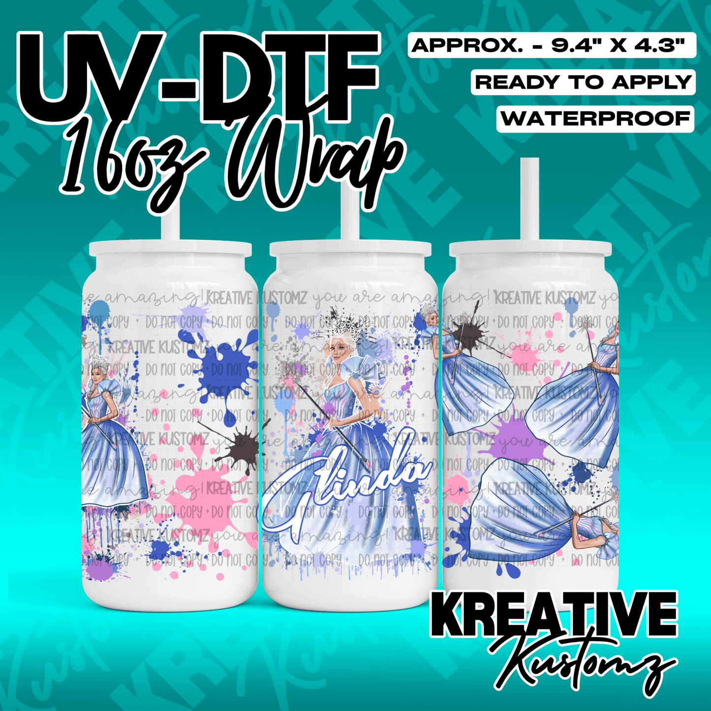 A Glinda themed UV DTF adhesive wrap for a 16oz glass cup featuring blue and purple paint splatters.