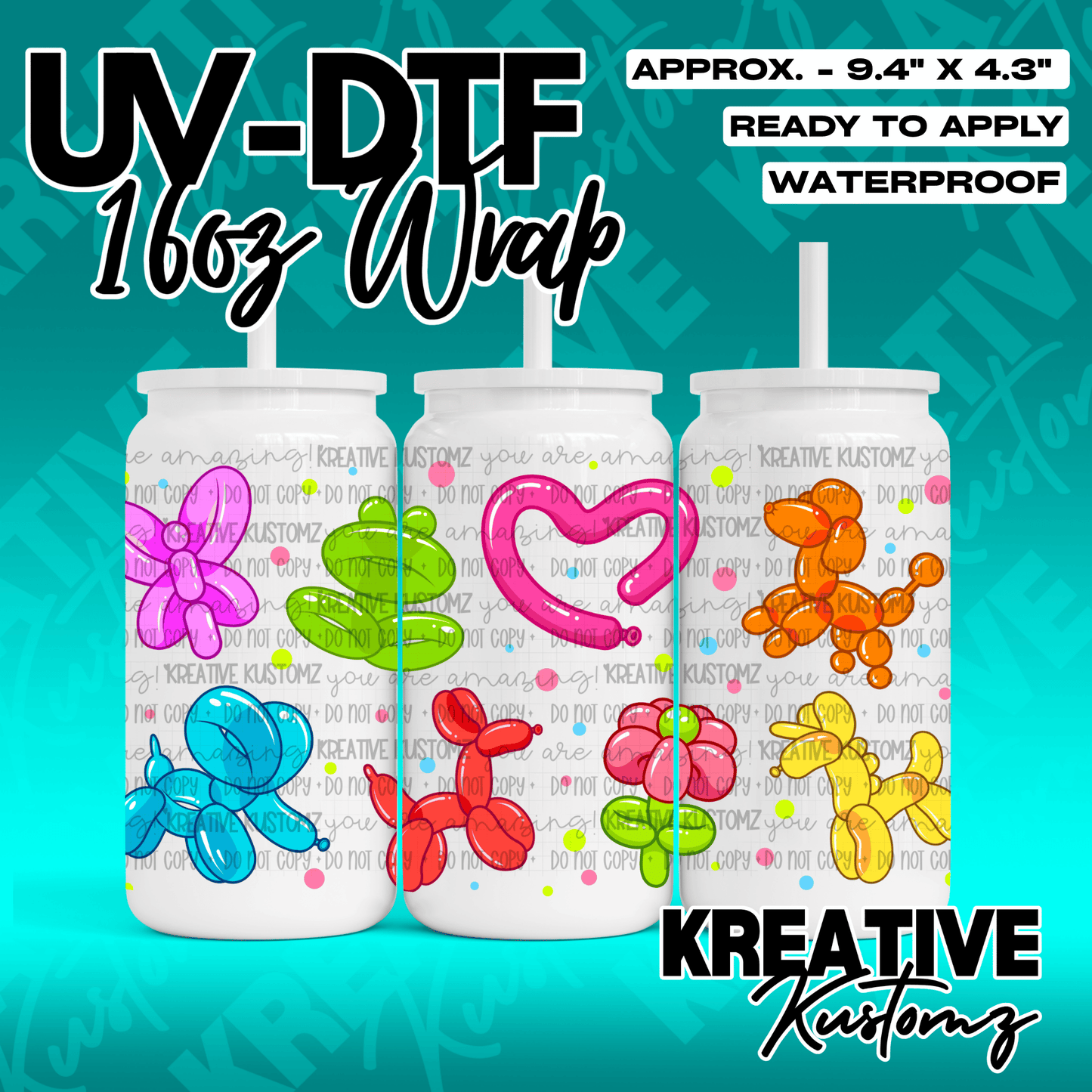A UV DTF adhesive wrap for 16oz glass cans featuring colorful balloon animal designs.