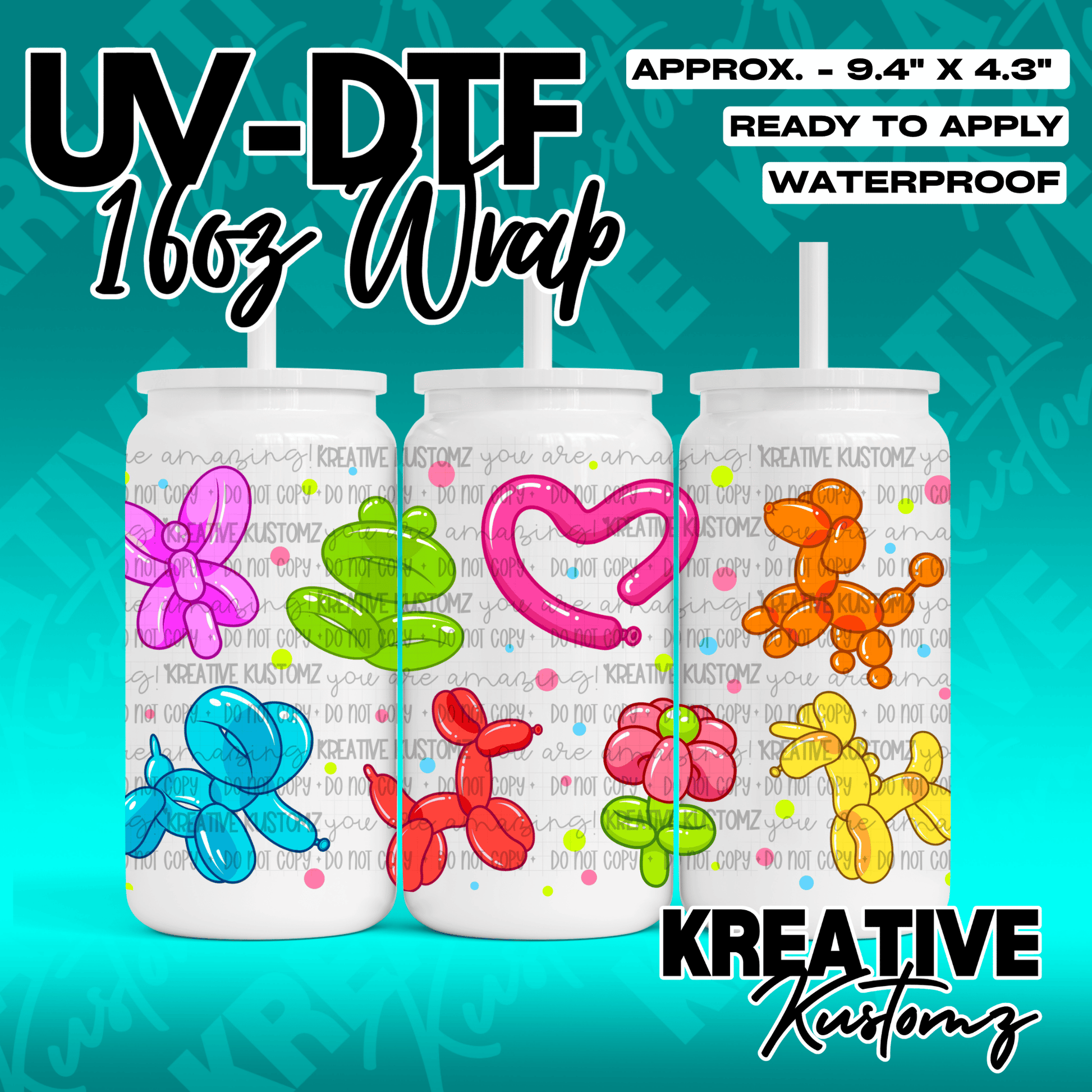 A UV DTF adhesive wrap for 16oz glass cans featuring colorful balloon animal designs.