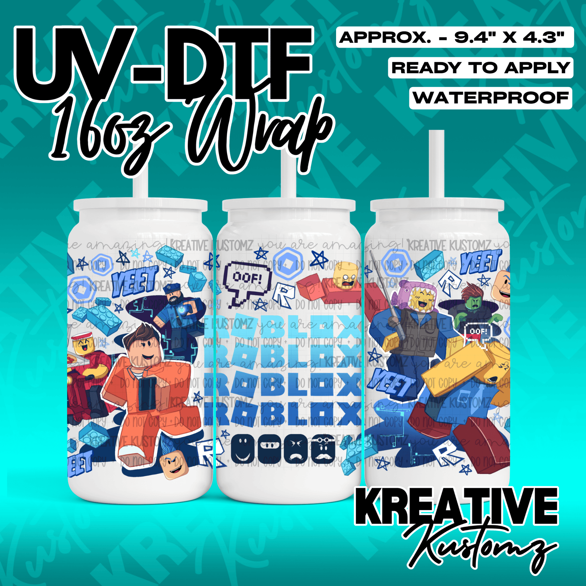 A gamer-themed UV DTF adhesive wrap for 16oz glass cans featuring Roblox-style characters.