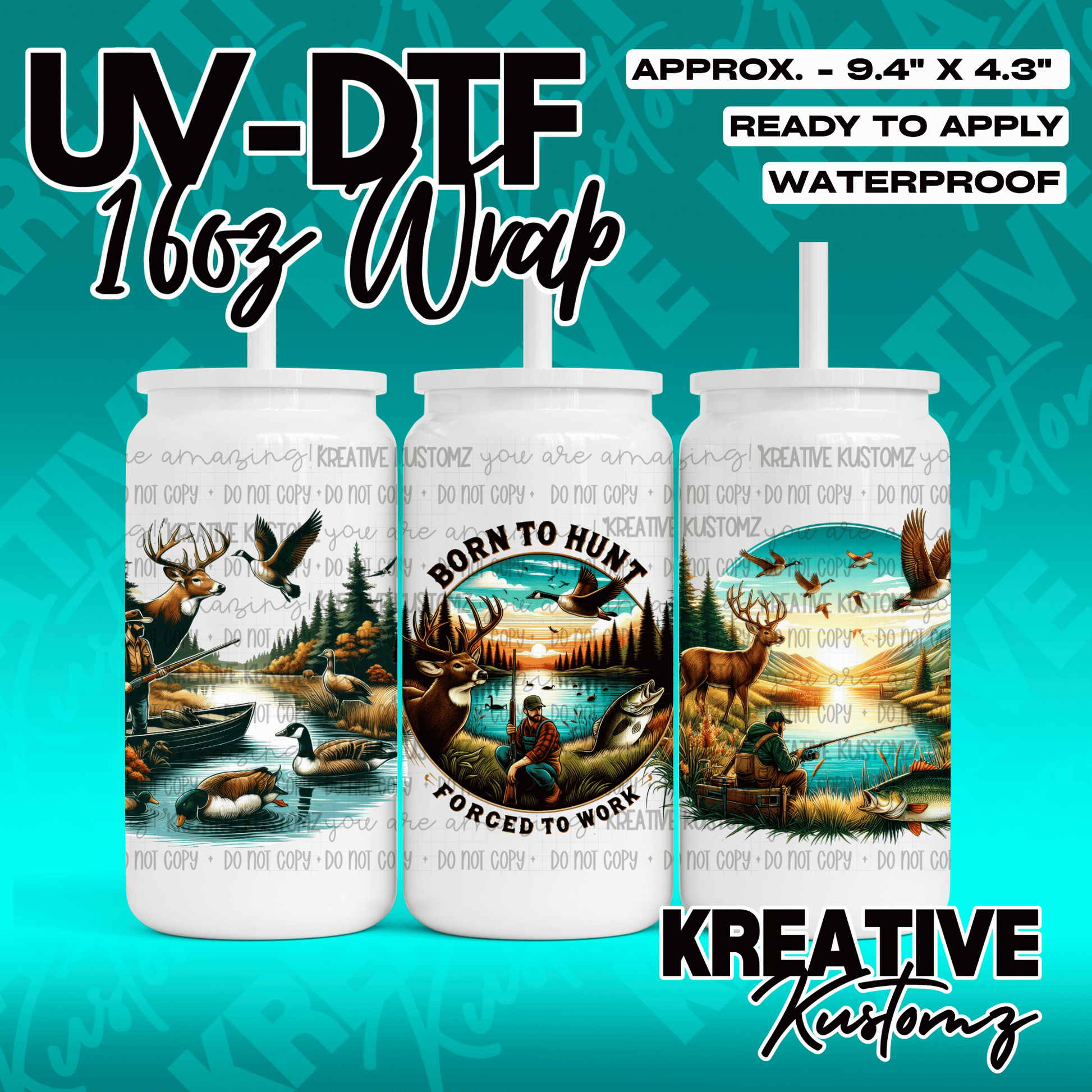 A hunting themed adhesive wrap for 16 ounce glass cans featuring deer, ducks, and a fisherman.