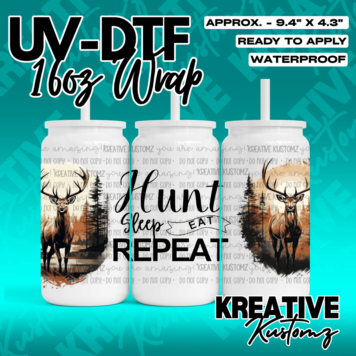 A hunting themed UV DTF adhesive wrap for 16oz glass cans featuring deer and forest imagery.