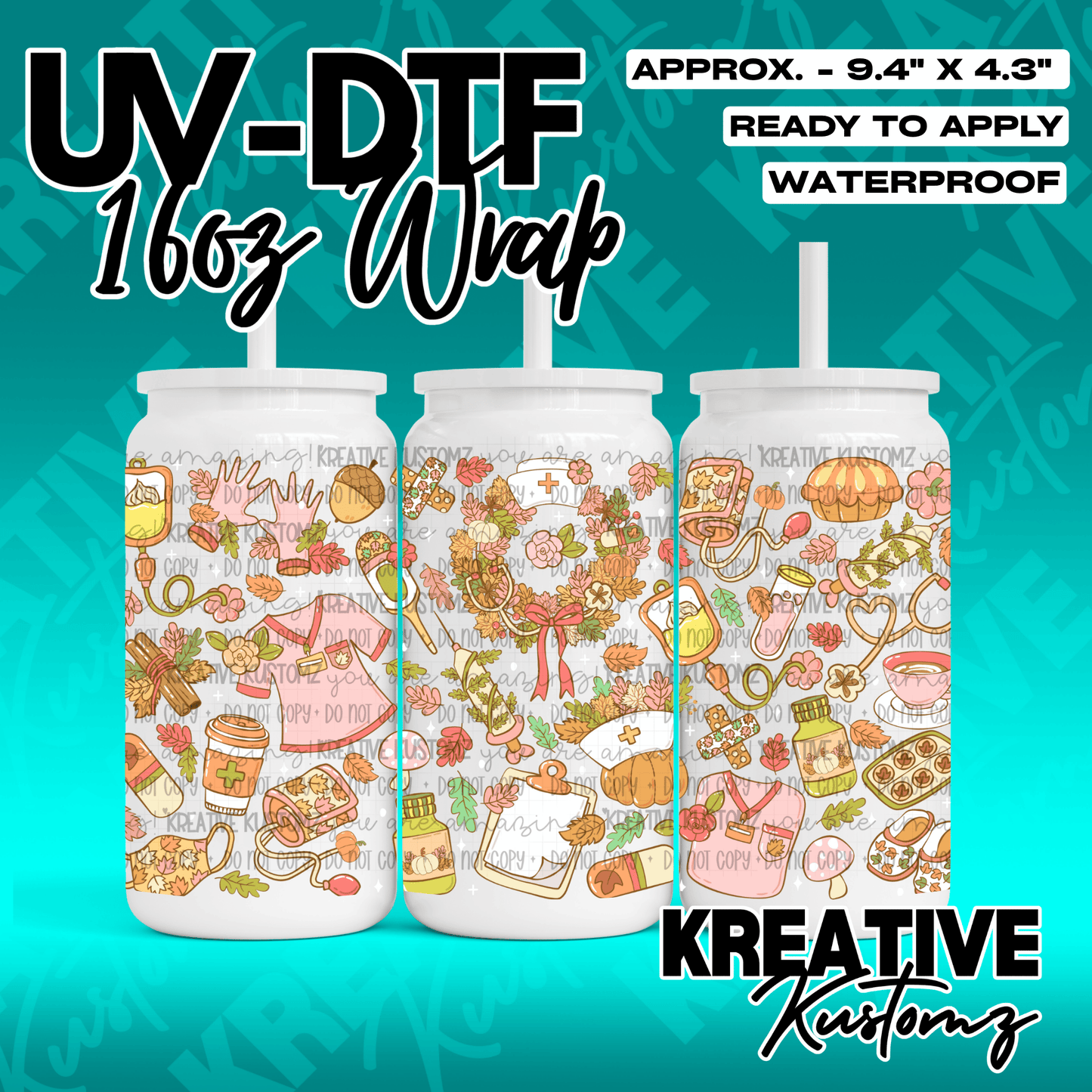 A 16oz glass can cup wrap featuring a fall-themed medical pattern with autumn leaves and icons.