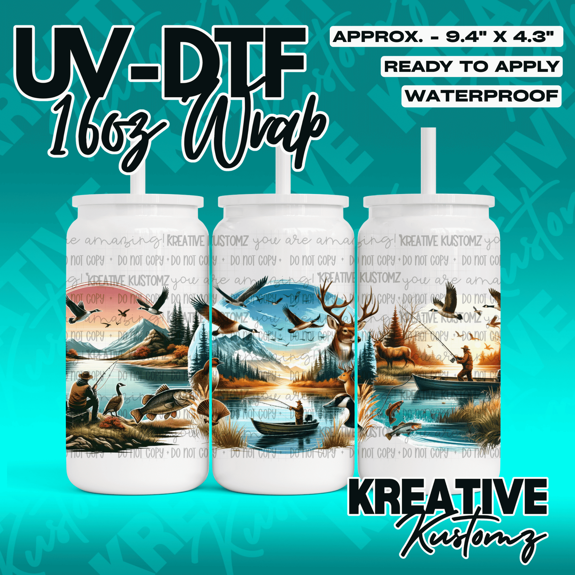 A hunting themed UV DTF adhesive wrap for 16oz glass cans featuring outdoor wildlife scenes.