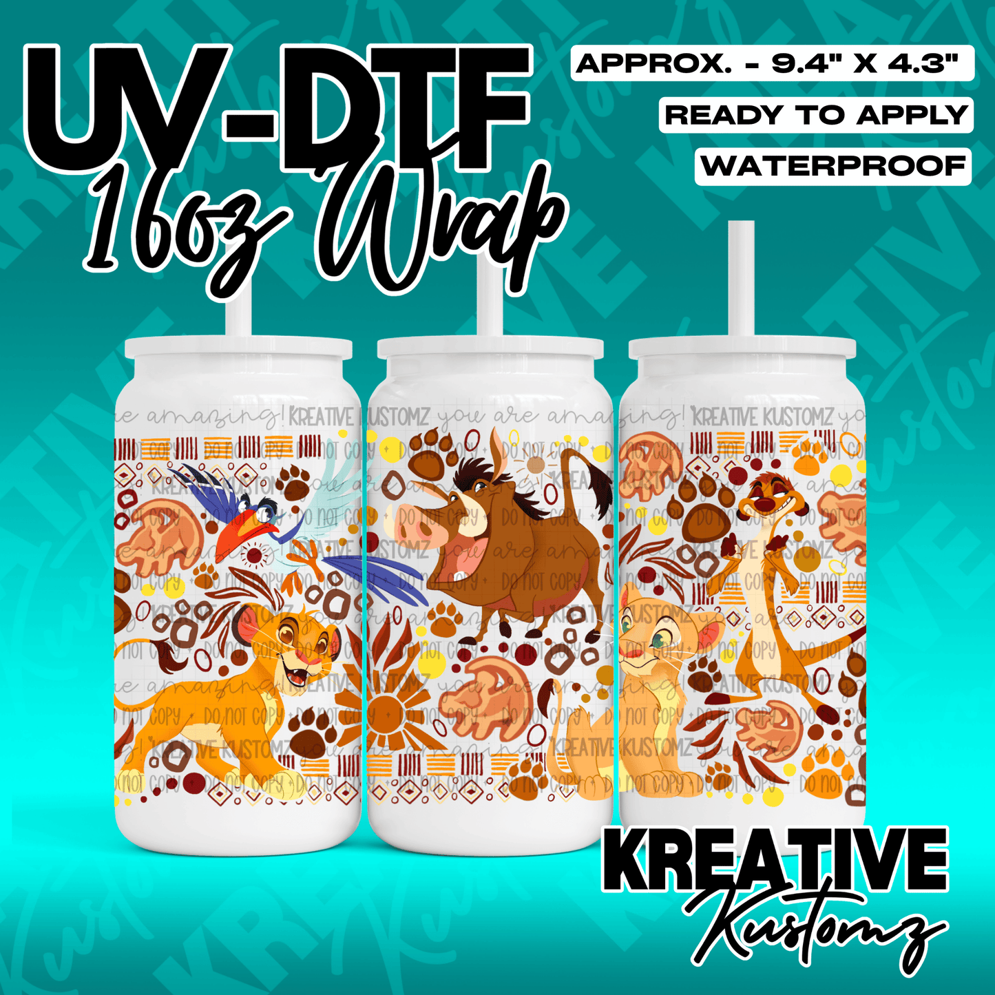 A Lion King themed UV DTF adhesive wrap for 16oz glass cans featuring various characters.