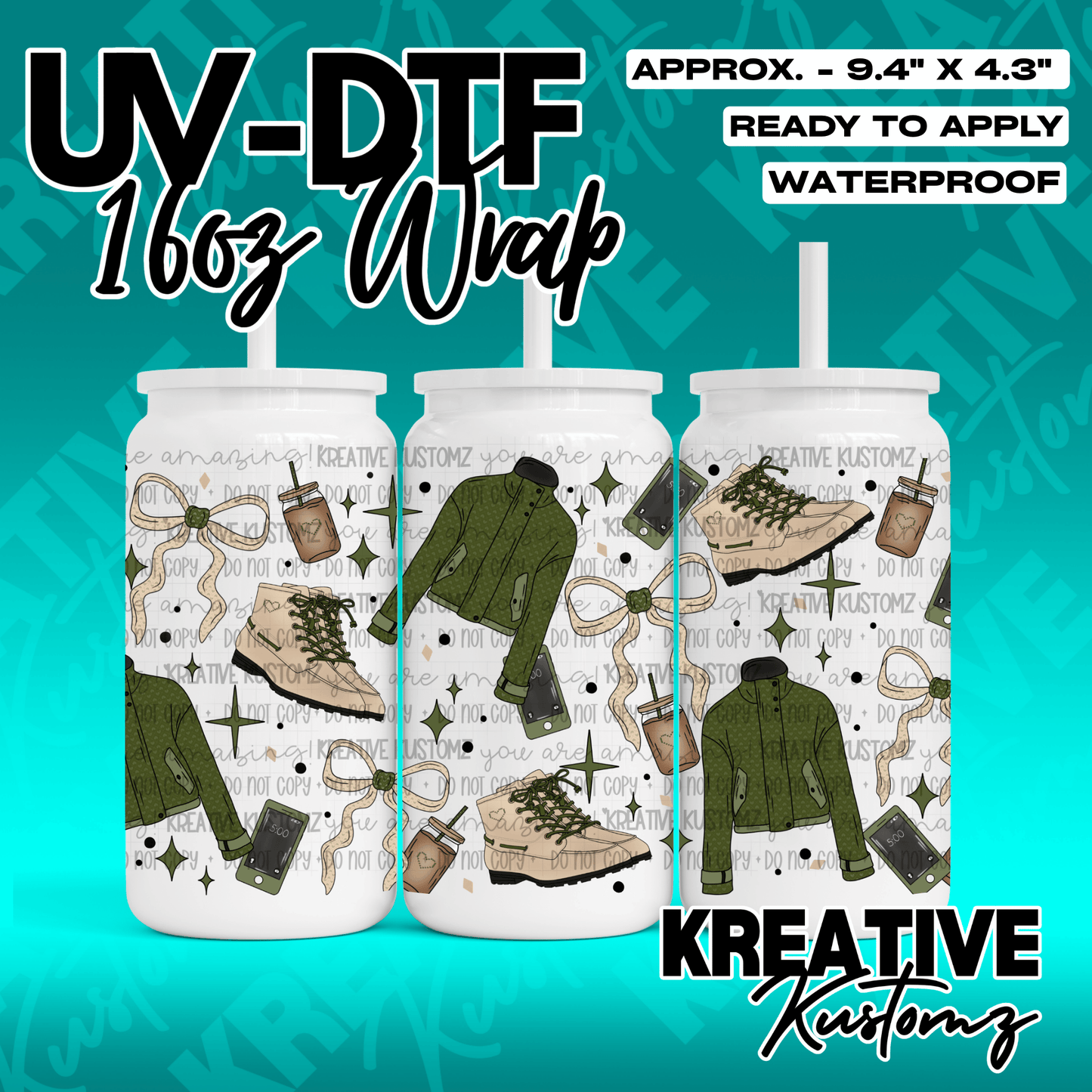 A UV DTF adhesive wrap for 16oz glass cans featuring a pattern of boots, jackets, and bows.