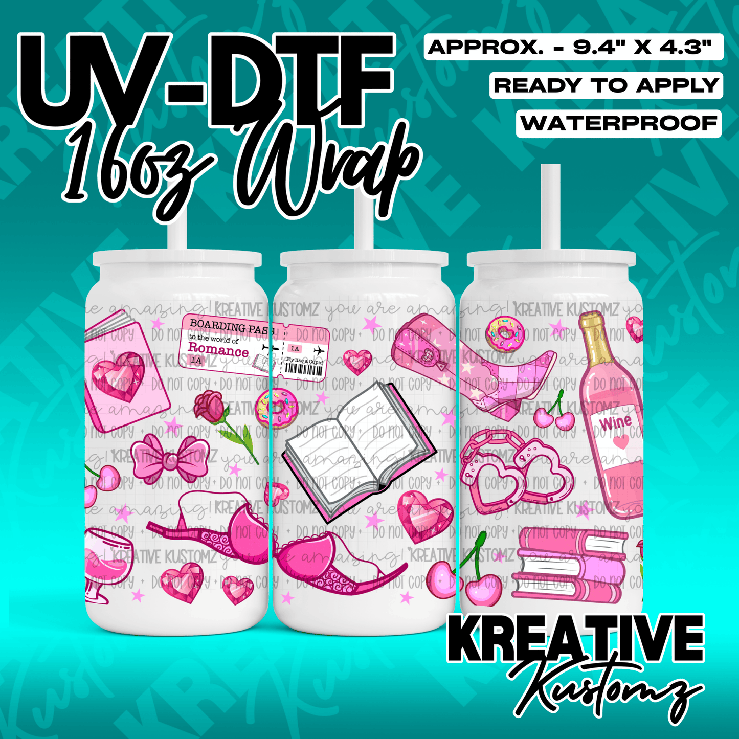 A pink romance-themed UV DTF adhesive wrap for 16oz glass cans featuring books, wine, and hearts.