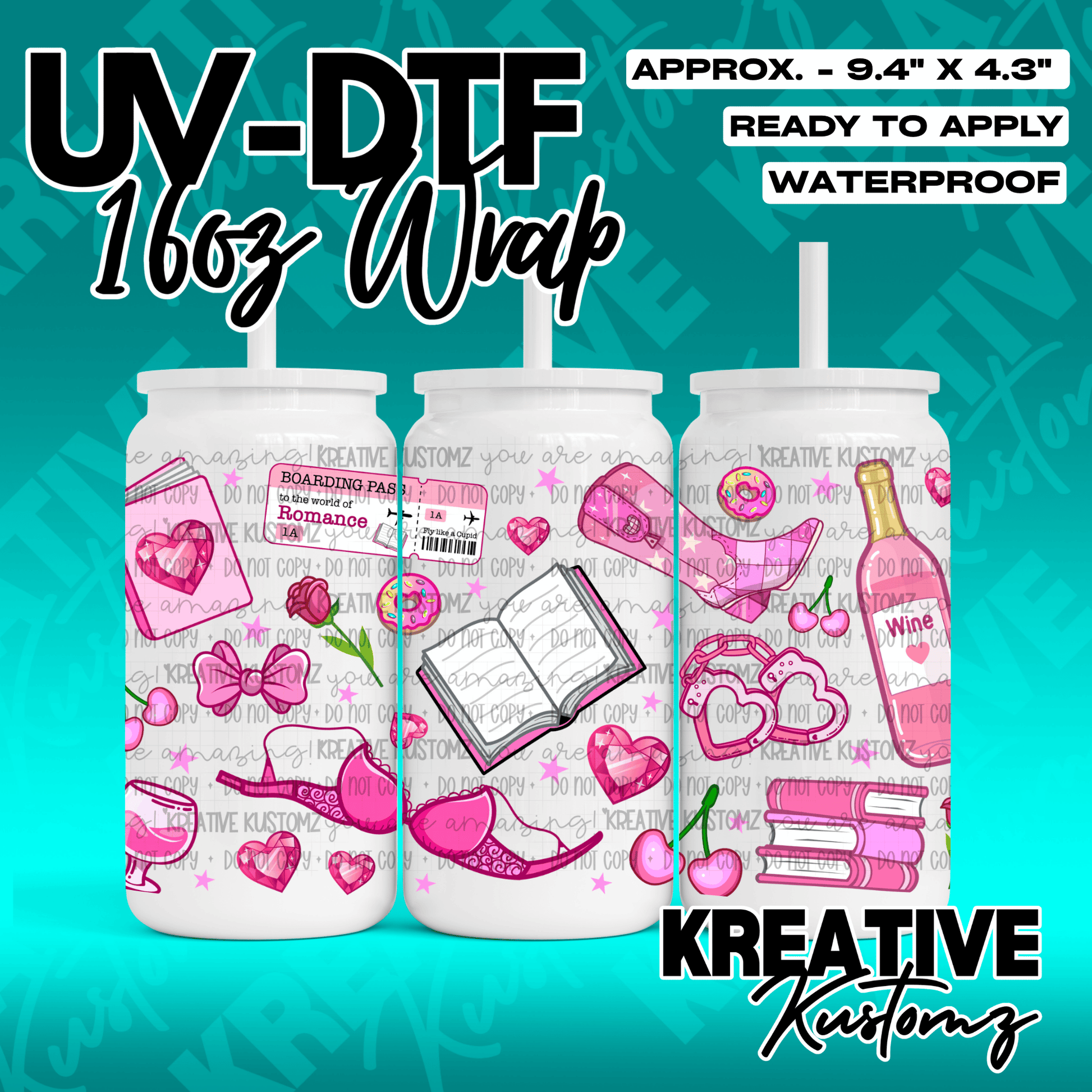A pink romance-themed UV DTF adhesive wrap for 16oz glass cans featuring books, wine, and hearts.