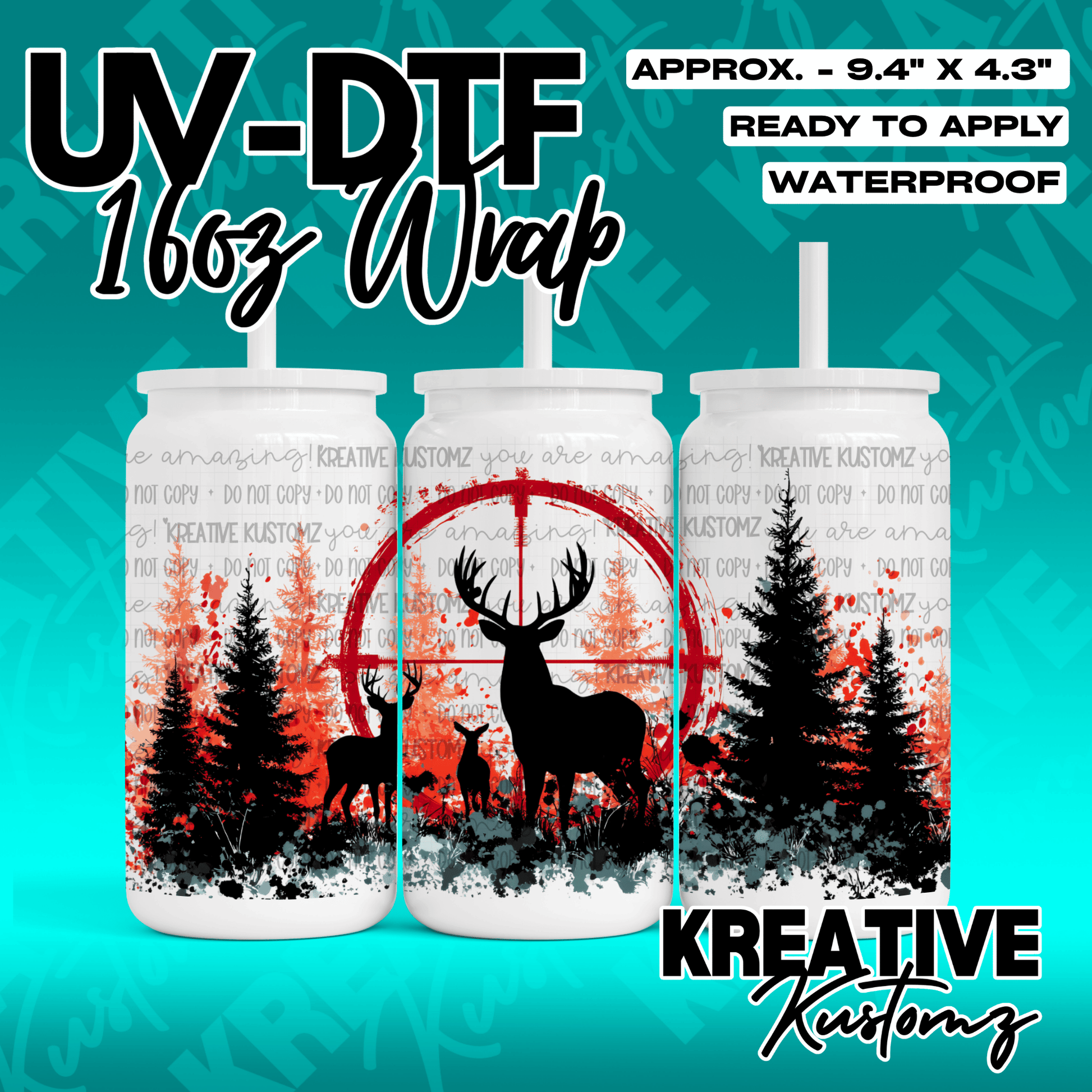 A hunting themed adhesive wrap for a 16oz glass cup featuring deer and pine trees in red and black.